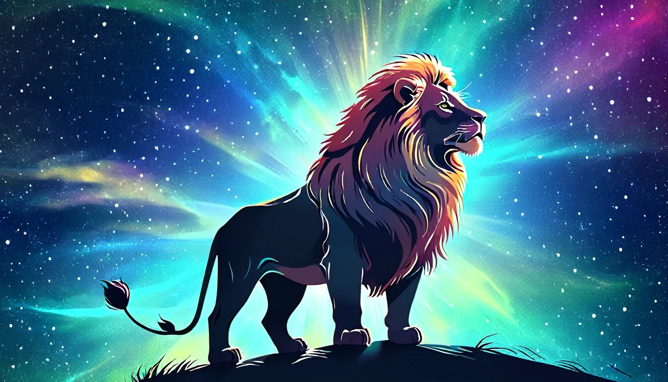 a lion silhouette composed by bright stars. Cosmic background