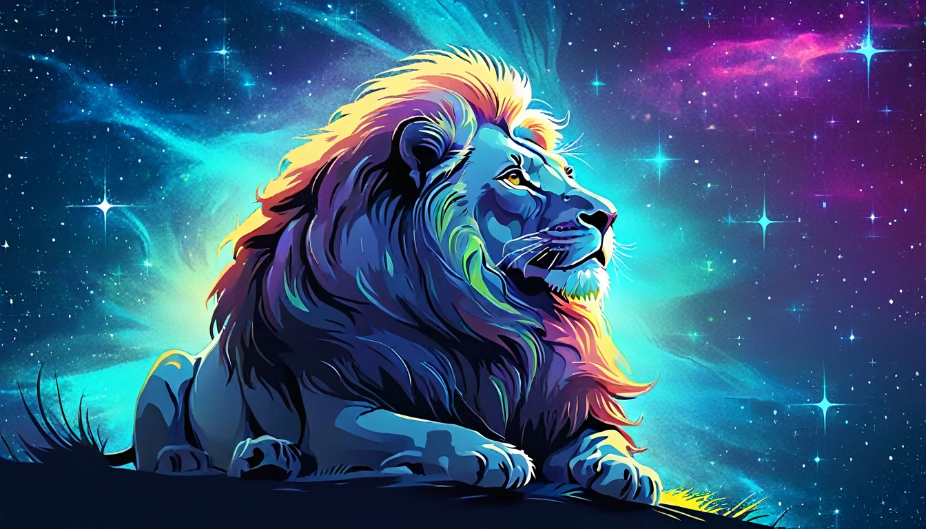 a lion silhouette composed by bright stars. Cosmic background