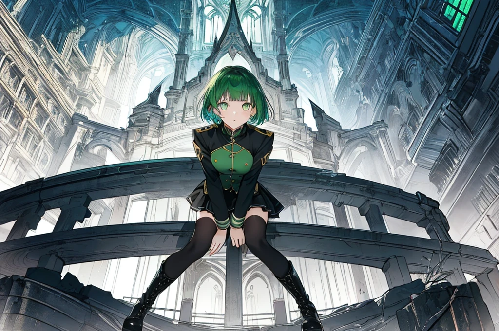 [(with a cathedral background:1.4)::5],original,(shape:1.1),(highest quality),(Tabletop:1.1),(Highly detailed CG Unity 8k wallpaper:1.1), (colorful:0.9),(Mid Shot:0.95),(very detailed beautiful whole body),Dynamic Angle,(alone:1.2), (girl),(((Adult))), (Beautiful eyes in every detail:1.15), (Beautiful Face:1.15), (Glowing green eyes:1.25////),(Gemstone Eyes),(Green Short Hair),(Blunt bangs),((The girl wear a black knight uniform)),Realistic,, girl,Green Hair,((Black long boots)), Black mini skirt,Black knee socks(rage),(Contempt and contempt),rage,(beautiful slender girl),((Adult)),((whole body)),Valkyrie, Decorations,((Thin legs)),((slender girl)),Front Angle,Front Angle,