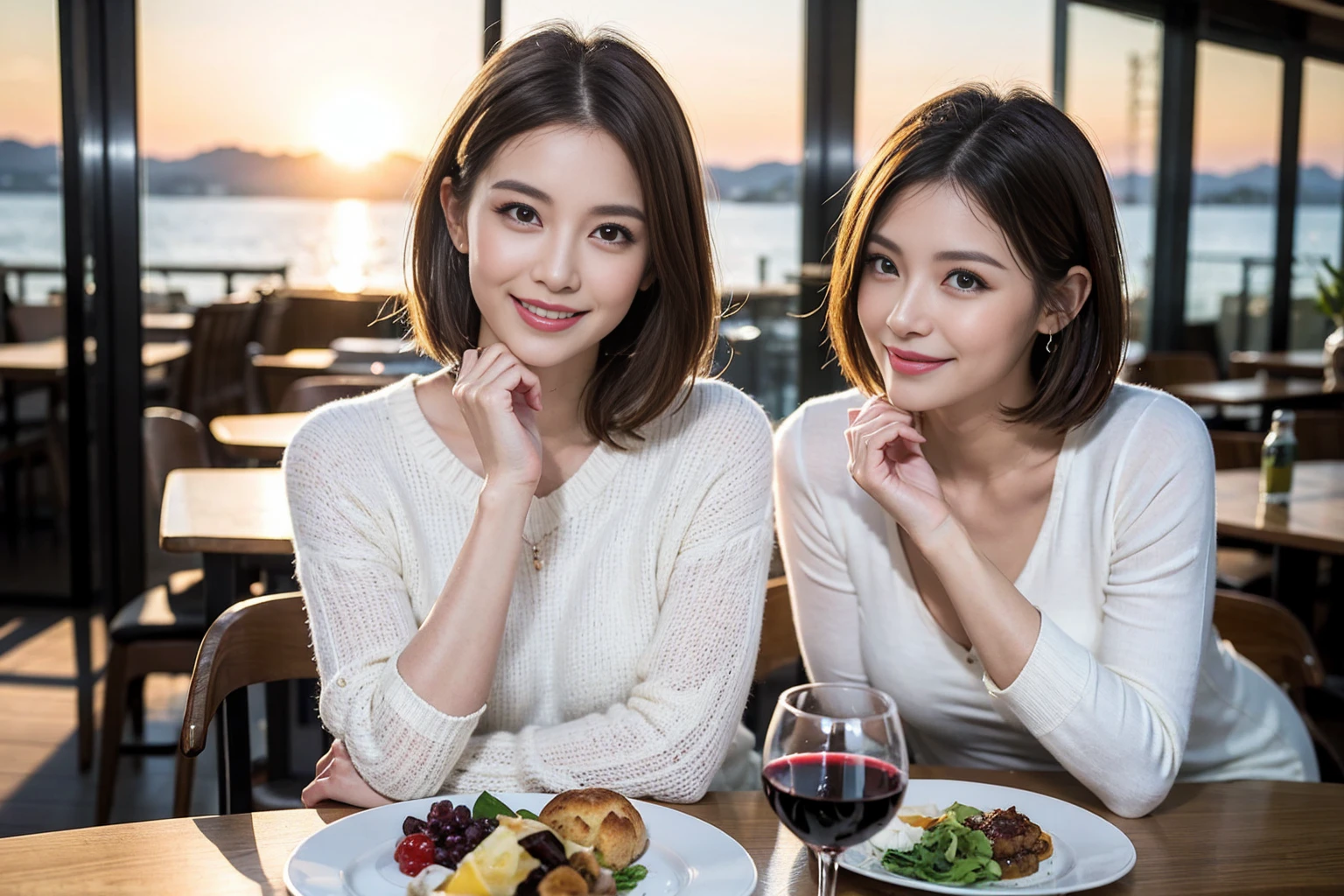 (Realistic:1.1),(masterpiece,Highest quality),8k,(40 years old), 42 years old, slimカップル、Model Couple、actress/actor、Tight waist,Upper Body,full-course dinner、wine 、Amazing view of the sunset sky and clouds、Perfect Anatomy, Brown Hair, short hair,Random Hairstyles,((Highly detailed face and eyes:1.2))(cute顔:1.4),美しいactressの顔,Perfect golden ratio face,Long sleeve shirt、dress,(smile:1.2)、Shortcuts、cute、(Realistic, Intricate details:1.2), A bright smile、short hair,Bright Face、赤wine 、Appetizers、Italian food、wine bottle、Champagne、スパークリングwine、(slimな顔), (The body is slim), (Brown Hair), (Shortcuts), Upper Body, 白wine, slim, wineグラス,