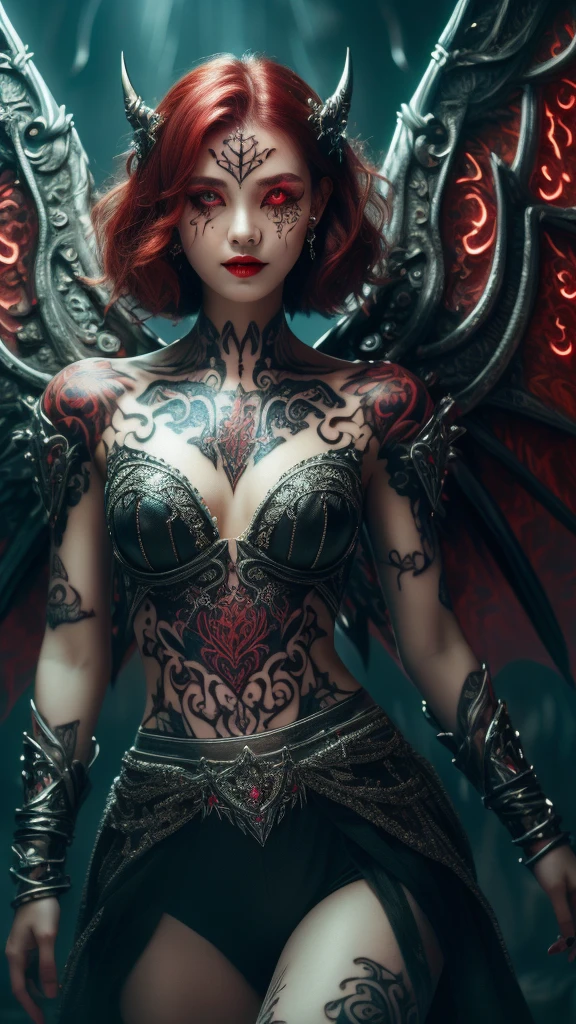 Cute Japanese female, (), (Very cute face: 1.3), Red lips, White moist skin, Melancholic expression,
BREAK,
(Beautiful belly button), (White skin),
BREAK,
Female superior ancient strigoi vampire, Horror, Angel wings, Black wings, Red jewelry, (Big wings: 1.4), Satan, Hellfire, Full body, Devil, (Flame: 1.2), (Rhinestones),
BREAK,
(Short hair), (Bangs: 1.2), (Red hair: 1.3), (Wavy hair),
BREAK,
(Facial tattoo: 1.4), (Facial rhinestones: 1.2),
BREAK,
Masterpiece, Perfect lighting, Ultra high resolution, 8K, (Very detailed: 1.4), (From the front), Looking at the camera, (Full body),
BREAK,
(Neon lights: 1.2),