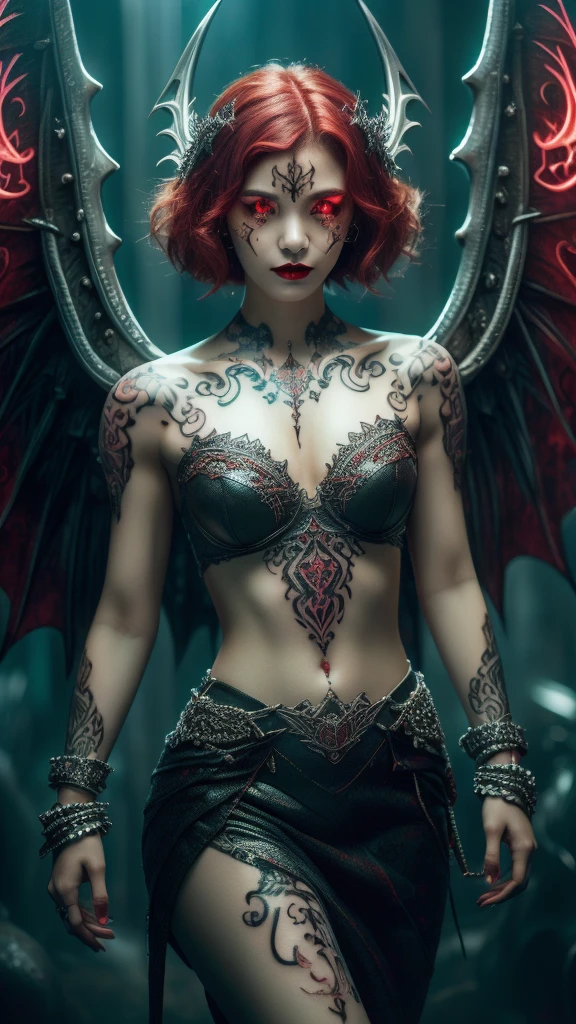Cute Japanese female, (s old), (Very cute face: 1.3), Red lips, White moist skin, Melancholic expression,
BREAK,
(Beautiful belly button), (White skin),
BREAK,
Female superior ancient strigoi vampire, Horror, Angel wings, Black wings, Red jewelry, (Big wings: 1.4), Satan, Hellfire, Full body, Devil, (Flame: 1.2), (Rhinestones),
BREAK,
(Short hair), (Bangs: 1.2), (Red hair: 1.3), (Wavy hair),
BREAK,
(Facial tattoo: 1.4), (Facial rhinestones: 1.2),
BREAK,
Masterpiece, Perfect lighting, Ultra high resolution, 8K, (Very detailed: 1.4), (From the front), Looking at the camera, (Full body),
BREAK,
(Neon lights: 1.2),
