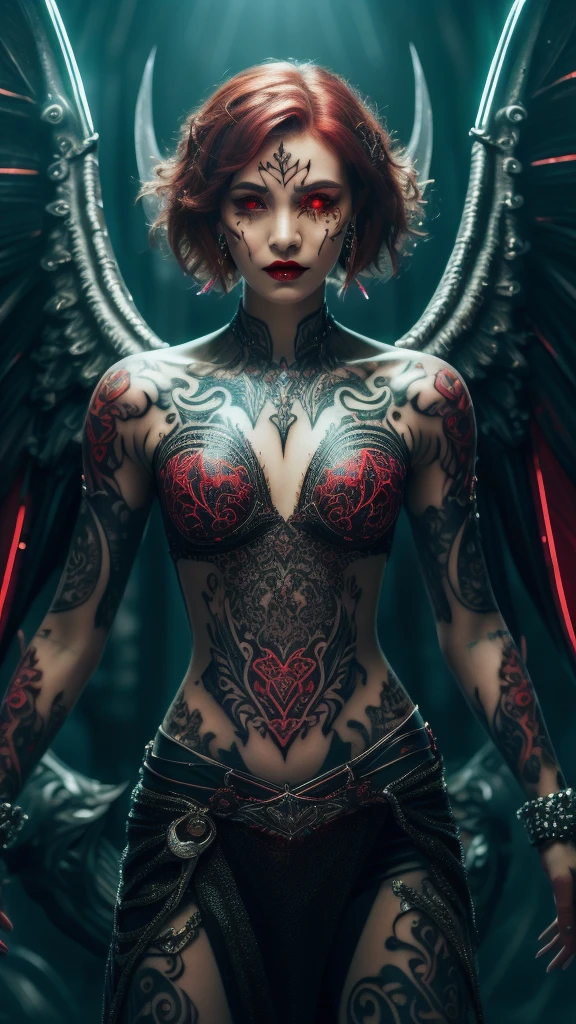 Cute Japanese female, (), (Very cute face: 1.3), Red lips, White moist skin, Melancholic expression,
BREAK,
(Beautiful belly button), (White skin),
BREAK,
Female superior ancient strigoi vampire, Horror, Angel wings, Black wings, Red jewelry, (Big wings: 1.4), Satan, Hellfire, Full body, Devil, (Flame: 1.2), (Rhinestones),
BREAK,
(Short hair), (Bangs: 1.2), (Red hair: 1.3), (Wavy hair),
BREAK,
(Facial tattoo: 1.4), (Facial rhinestones: 1.2),
BREAK,
Masterpiece, Perfect lighting, Ultra high resolution, 8K, (Very detailed: 1.4), (From the front), Looking at the camera, (Full body),
BREAK,
(Neon lights: 1.2),