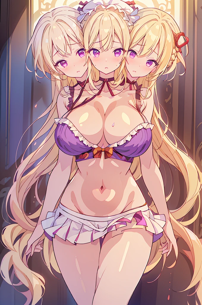 (masterpiece, best quality), best quality, (ultra-detailed), (3heads:1.5), 1girl, (yakumo yukari:1.3), masterpiece, best quality, ultra quality, ultra resolution, ultra detail, purple top, crop top, ((stomach)), midriff, ((groin)), purple skirt, frilled skirt, normal ears, shackles, blonde hair, (same hair color), very long hair, wavy hair, sidelocks, purple eyes, parted lips, open belly, sweat, cute, toned belly, hand on own chest, eyelashes, (24 year old woman:1.3), (masterpiece:1.5), (best quality:1.5), (beautiful detailed), extremely detailed CG, extremely delicate and beautiful, depth of field, (finely detailed face), (perfect details:1.2), (mature female:1.3), wide pelvis, slender, large veiny breast, 16k resolution, highres, high quality, high definition, extremely detailed, masterpiece, best quality, blonde hair, long hair, alluring presence, braid, short skirt, close up, very big tits, huge tits, young, frills, hat, hat ribbon, midriff, nsfw, ((blonde)),