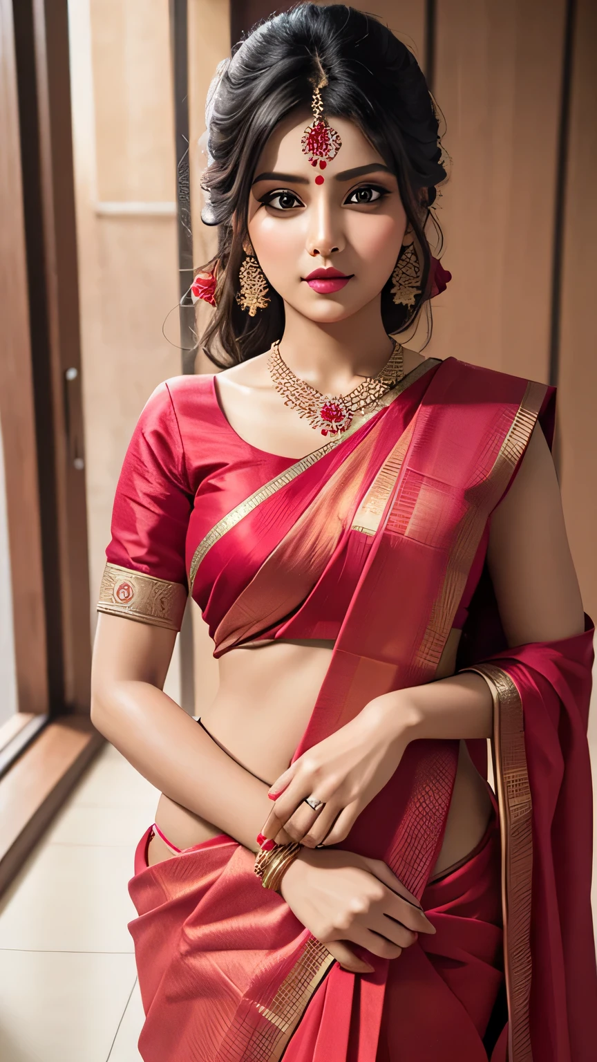 A stranger girl in marriage arrangemen,she wear red colour sari ,sharp eyes, pink lips, thicker .