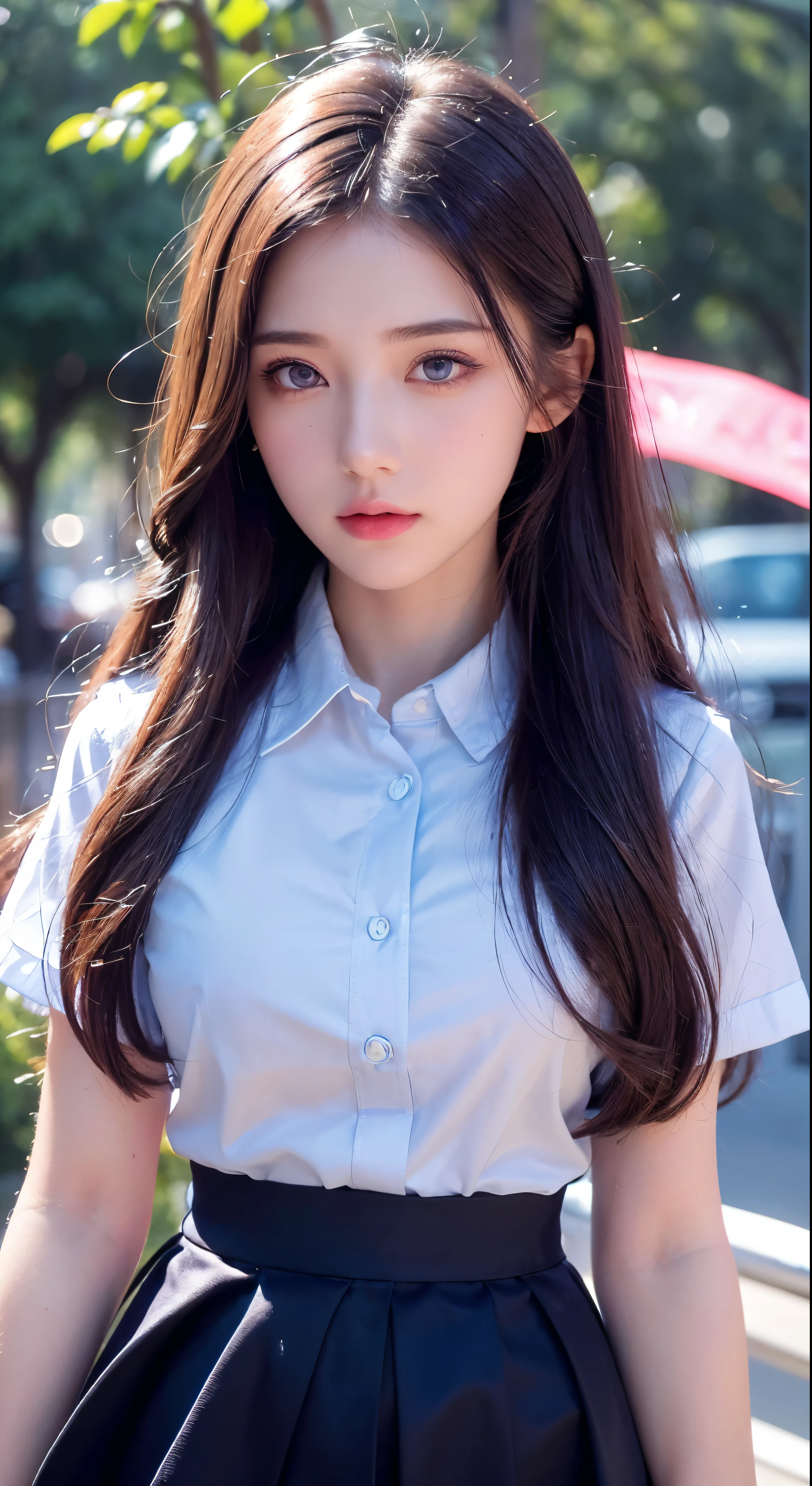 (detailed beautiful eyes and detailed face, masterpiece side light, masterpiece, best quality, detailed, high resolution illustration), (1 girl, beautiful girl, shiny skin, looking down, looking at viewer), ( Sky blue long hair, pink eyes, skirt, ribbon, button-down shirt) 45 degrees, top view,  sideways, (hand detail)
