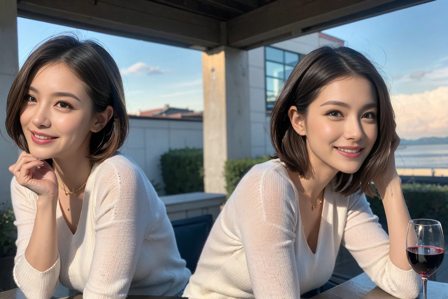 （Realistic:1.1）,(masterpiece,Highest quality)，8k,(40 years old), 42 years old, slimカップル、Model Couple、actress/actor、Tight waist,Upper Body,full-course dinner、wine 、Amazing view of the sunset sky and clouds、Perfect Anatomy, Brown Hair, short hair,Random Hairstyles,((Highly detailed face and eyes:1.2))(cute顔:1.4)，美しいactressの顔，Perfect golden ratio face，Long sleeve shirt、dress,(smile:1.2)、Shortcuts、cute、(Realistic, Intricate details:1.2), A bright smile、short hair,Bright Face、赤wine 、Appetizers、Italian food、wine bottle、Champagne、スパークリングwine、(slimな顔), (The body is slim), (Brown Hair), (Shortcuts),  Upper Body, 白wine, slim, wineグラス, 