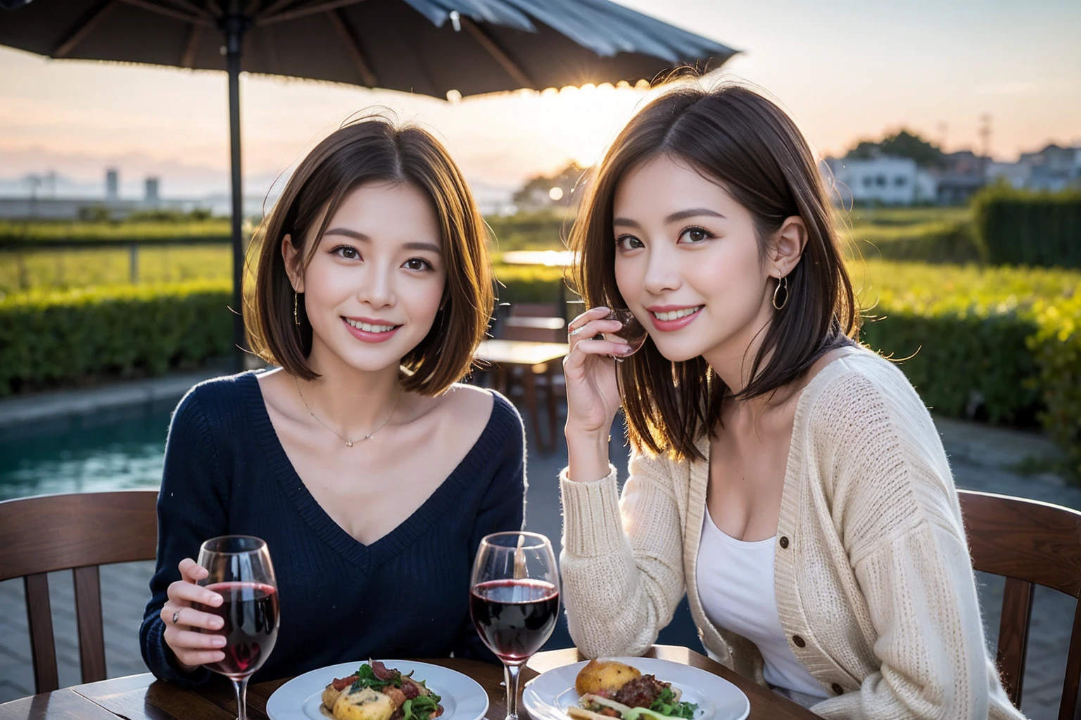 (Realistic:1.1),(masterpiece,Highest quality),8k,(40 years old), 42 years old, slimカップル、Model Couple、actress/actor、Tight waist,Upper Body,full-course dinner、wine 、Amazing view of the sunset sky and clouds、Perfect Anatomy, Brown Hair, short hair,Random Hairstyles,((Highly detailed face and eyes:1.2))(cute顔:1.4),美しいactressの顔,Perfect golden ratio face,Long sleeve shirt、dress,(smile:1.2)、Shortcuts、cute、(Realistic, Intricate details:1.2), A bright smile、short hair,Bright Face、赤wine 、Appetizers、Italian food、wine bottle、Champagne、スパークリングwine、(slimな顔), (The body is slim), (Brown Hair), (Shortcuts), Upper Body, 白wine, slim, wineグラス,