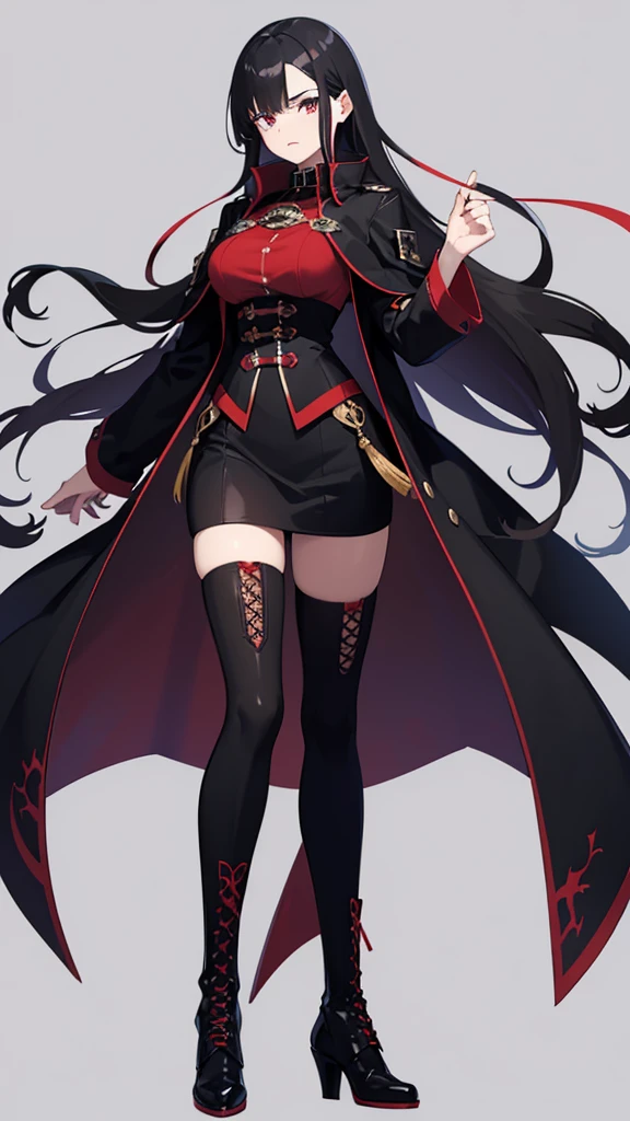 Young woman, 21 years old, full length, White background. Black hair with red tips. One eye is blue, Other purple. haughty expression on his face. long black coat, lace-up boots