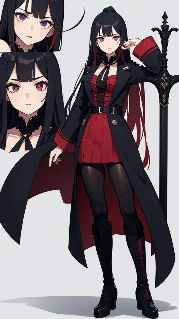Young woman, 21 years old, full length, White background. Black hair with red tips. One eye is blue, Other purple. haughty expression on his face. long black coat, lace-up boots