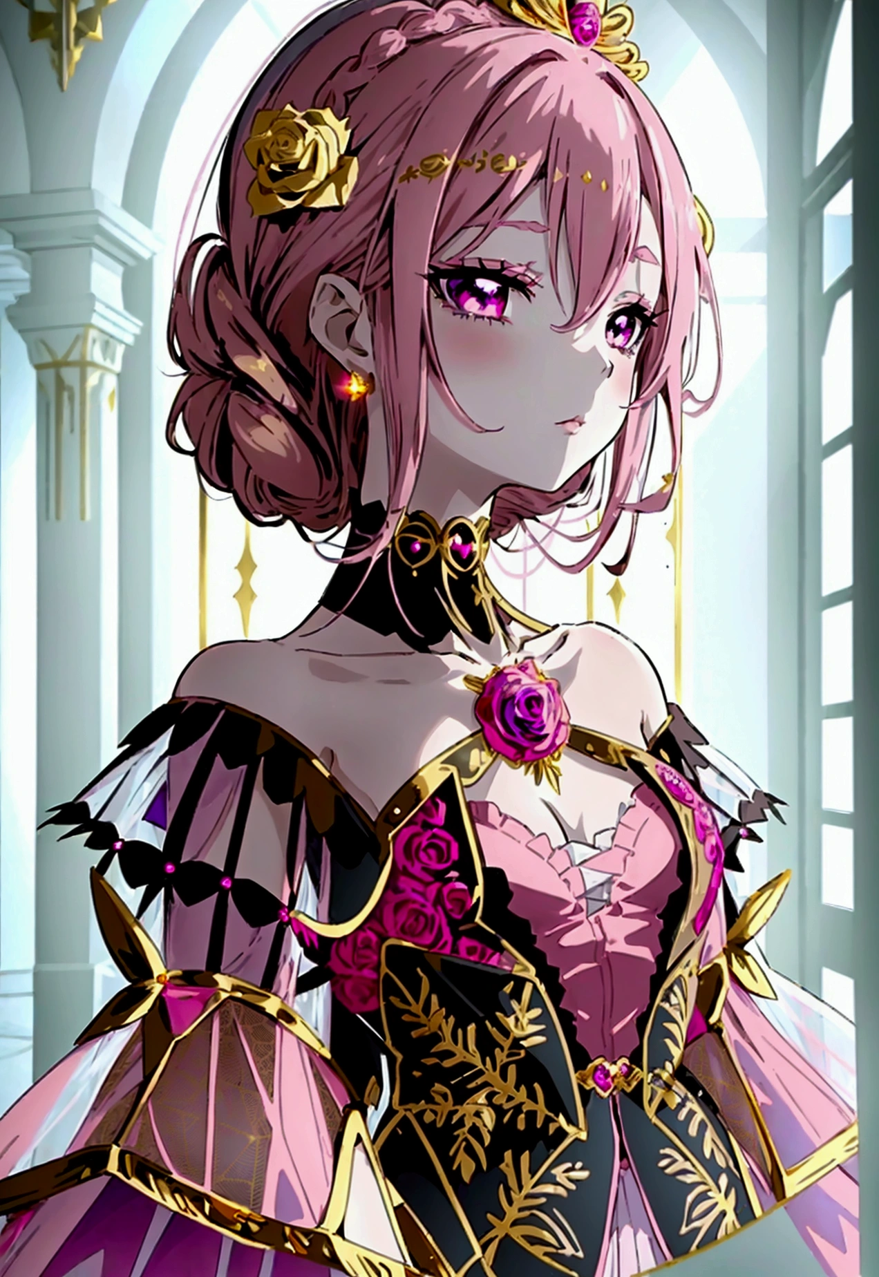 Create an anime-style girl with (((deep magenta eyes and long, wavy pink hair))) ((styled in an elegant frenchbraid)). (((She is slender, and  with small breasts))). ((Ensure a full-body shot of her)) wearing a (((magical girl-themed outfit.))) ((The outfit features a fitted bodice with a sweetheart neckline, gold embroidery, and pastel pink accents. The bodice has delicate rose gold spider web patterns. She wears a multi-layered knee-length skirt with a high-low hemline, the outermost layer sheer with gold and rose gold spider web patterns. She has off-the-shoulder puff sleeves, arm-length pastel pink gloves with gold trim, and a gold choker with a red gemstone. The outfit includes a short, detachable sheer cape with rose gold spider web patterns and is fastened with gold brooches. She wears pastel pink ankle boots with gold heels and rose gold laces. Accessories include a gold tiara with a red gemstone and gold spider-shaped hairpins.)) The overall look is regal and ethereal, with magical glowing effects. cutesexy, purinpuon pixiv, no future, a hyperrealistic , hyperrealistic , realistic , seductive (anime girl), smooth anime cg art, beautiful alluring anime teen, (purinpuon pixiv), ((magical girl)), (masterpiece), best quality, expressive eyes, perfect face ((Highest quality))、((8K))、(((8k wallpaper))) ((Full Body Shot: 1.5))、ultra detailed, masterpiece, best quality, solo ((purinpuon pixiv, no future)) (((purinpuon pixiv, no future)))