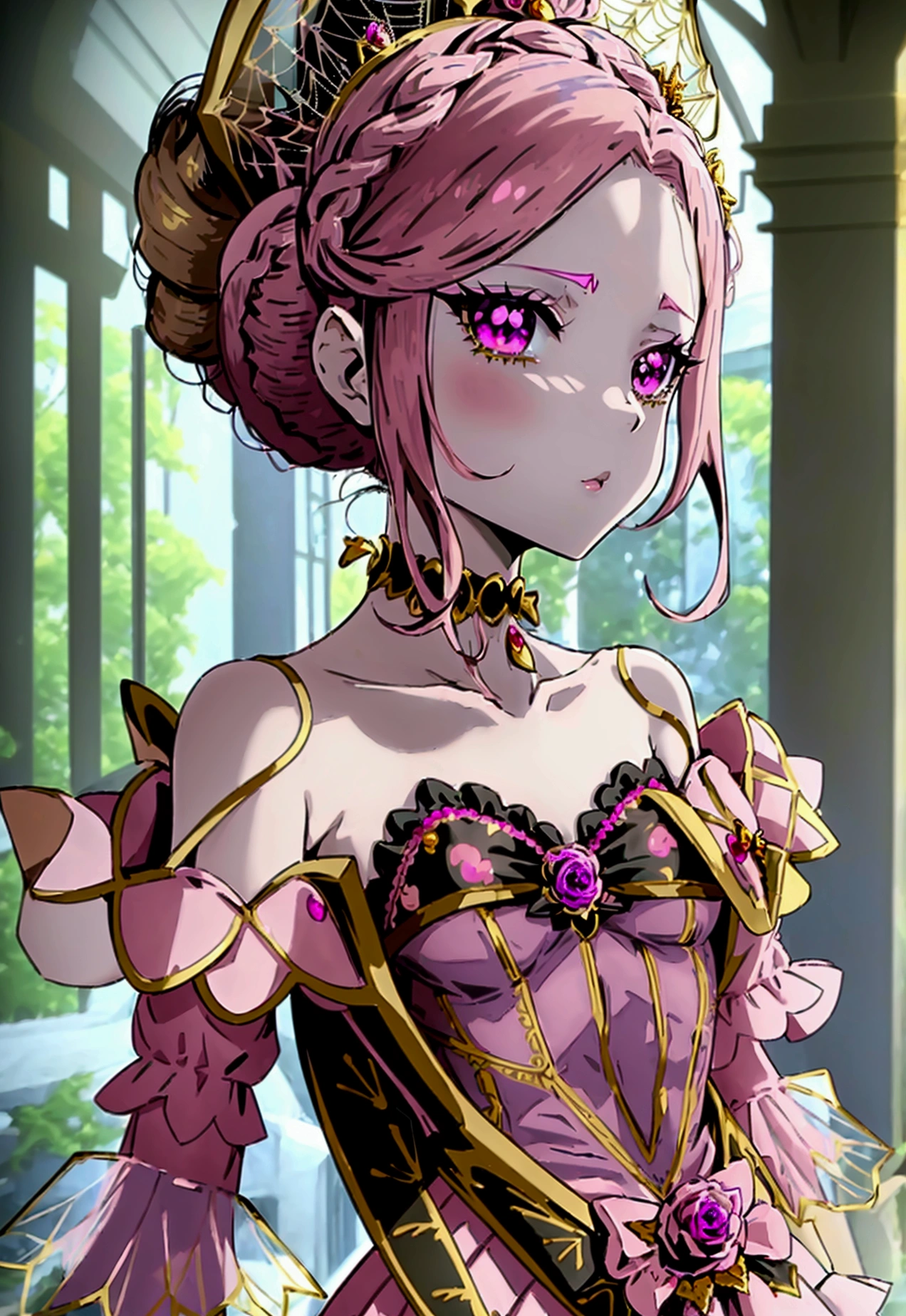 Create an anime-style girl with (((deep magenta eyes and long, wavy pink hair))) ((styled in an elegant frenchbraid)). (((She is slender, and  with small breasts))). ((Ensure a full-body shot of her)) wearing a (((magical girl-themed outfit.))) ((The outfit features a fitted bodice with a sweetheart neckline, gold embroidery, and pastel pink accents. The bodice has delicate rose gold spider web patterns. She wears a multi-layered knee-length skirt with a high-low hemline, the outermost layer sheer with gold and rose gold spider web patterns. She has off-the-shoulder puff sleeves, arm-length pastel pink gloves with gold trim, and a gold choker with a red gemstone. The outfit includes a short, detachable sheer cape with rose gold spider web patterns and is fastened with gold brooches. She wears pastel pink ankle boots with gold heels and rose gold laces. Accessories include a gold tiara with a red gemstone and gold spider-shaped hairpins.)) The overall look is regal and ethereal, with magical glowing effects. cutesexy, purinpuon pixiv, no future, a hyperrealistic , hyperrealistic , realistic , seductive (anime girl), smooth anime cg art, beautiful alluring anime teen, (purinpuon pixiv), ((magical girl)), (masterpiece), best quality, expressive eyes, perfect face ((Highest quality))、((8K))、(((8k wallpaper))) ((Full Body Shot: 1.5))、ultra detailed, masterpiece, best quality, solo ((purinpuon pixiv, no future)) (((purinpuon pixiv, no future)))