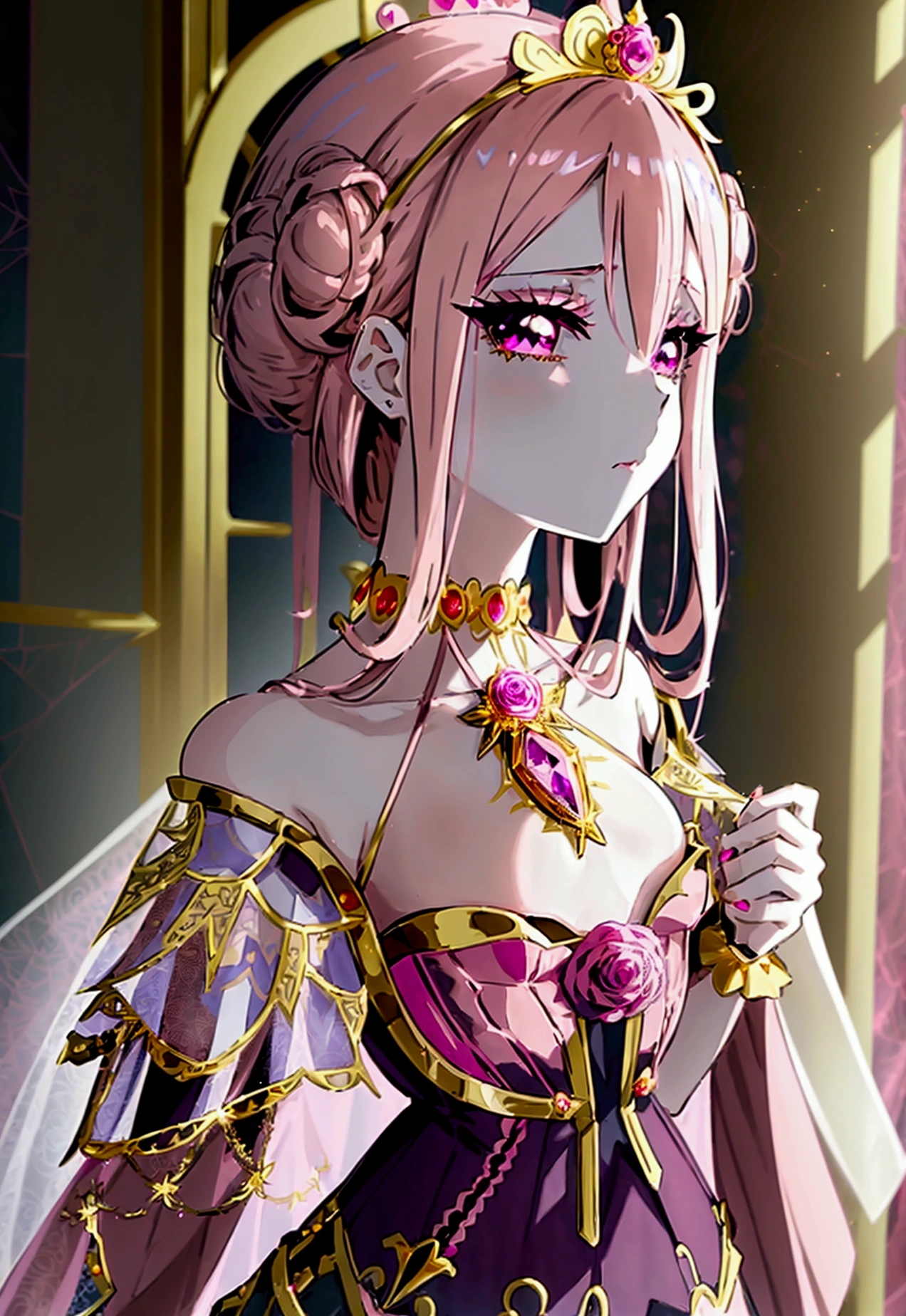 Create an anime-style girl with (((deep magenta eyes and long, wavy pink hair))) ((styled in an elegant frenchbraid)). (((She is slender, and  with small breasts))). ((Ensure a full-body shot of her)) wearing a (((magical girl-themed outfit.))) ((The outfit features a fitted bodice with a sweetheart neckline, gold embroidery, and pastel pink accents. The bodice has delicate rose gold spider web patterns. She wears a multi-layered knee-length skirt with a high-low hemline, the outermost layer sheer with gold and rose gold spider web patterns. She has off-the-shoulder puff sleeves, arm-length pastel pink gloves with gold trim, and a gold choker with a red gemstone. The outfit includes a short, detachable sheer cape with rose gold spider web patterns and is fastened with gold brooches. She wears pastel pink ankle boots with gold heels and rose gold laces. Accessories include a gold tiara with a red gemstone and gold spider-shaped hairpins.)) The overall look is regal and ethereal, with magical glowing effects. cutesexy, purinpuon pixiv, no future, a hyperrealistic , hyperrealistic , realistic , seductive (anime girl), smooth anime cg art, beautiful alluring anime teen, (purinpuon pixiv), ((magical girl)), (masterpiece), best quality, expressive eyes, perfect face ((Highest quality))、((8K))、(((8k wallpaper))) ((Full Body Shot: 1.5))、ultra detailed, masterpiece, best quality, solo ((purinpuon pixiv, no future)) (((purinpuon pixiv, no future)))