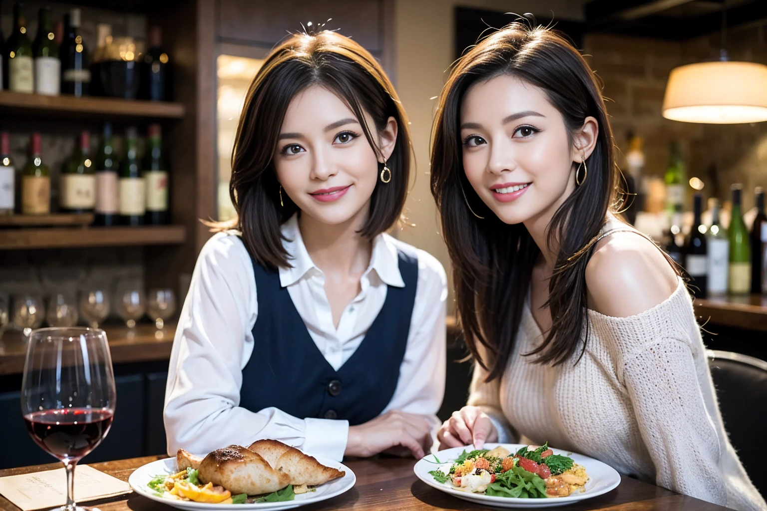 （Realistic:1.1）,(masterpiece,Highest quality)，8k,(40 years old), 42 years old, slimカップル、Model Couple、actress/actor、Tight waist,Upper Body,full-course dinner、wine 、Amazing view of the sunset sky and clouds、Perfect Anatomy, Brown Hair, short hair,Random Hairstyles,((Highly detailed face and eyes:1.2))(cute顔:1.4)，美しいactressの顔，Perfect golden ratio face，Long sleeve shirt、dress,(smile:1.2)、Shortcuts、cute、(Realistic, Intricate details:1.2), A bright smile、short hair,Bright Face、赤wine 、Appetizers、Italian food、wine bottle、Champagne、スパークリングwine、(slimな顔), (The body is slim), (Brown Hair), (Shortcuts),  Upper Body, 白wine, slim, wineグラス, 