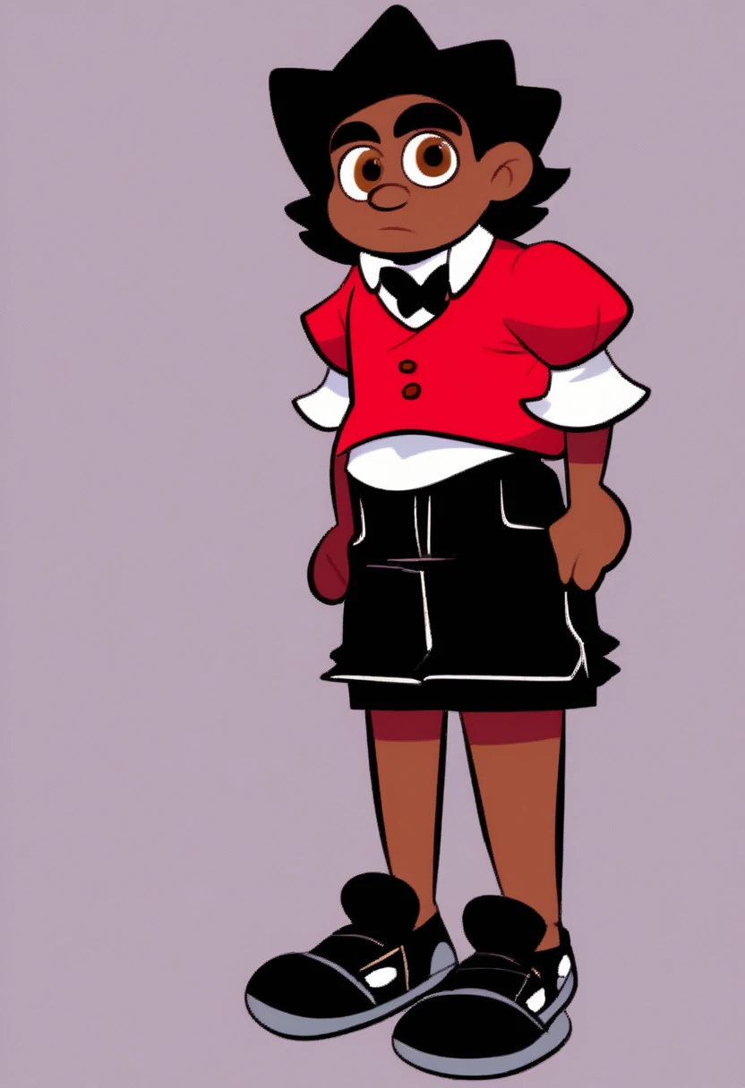 bitterman_carlito, dark skin, bowtie, red bow, red suit, white shirt underneath suit, long sleeve. hispanic, black mustache, standing, thick eyebrows, 1boy, solo, full body, shorts, black shorts, black shoes, black hair, brown eyes. simple background, amanditas4_style,