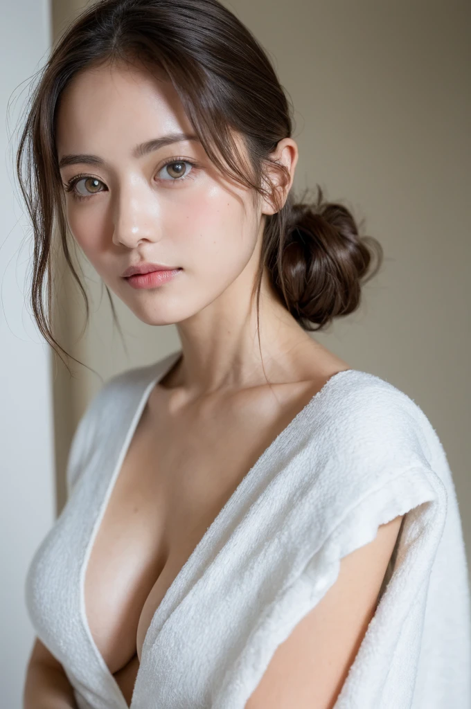 ((Highest quality, 8k, masterpiece :1.3)), One girl, Beautiful woman with slim abdominal muscles :1.3, (Random Hairstyles, Huge breasts :1.2), Bath towel wrapped around upper body :1.2, Highly detailed face, Fine grain, double eyelid、Japanese women