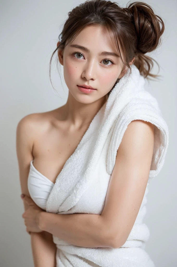 ((Highest quality, 8k, masterpiece :1.3)), One girl, Beautiful woman with slim abdominal muscles :1.3, (Random Hairstyles, Huge breasts :1.2), Bath towel wrapped around upper body :1.2, Highly detailed face, Fine grain, double eyelid、Japanese women