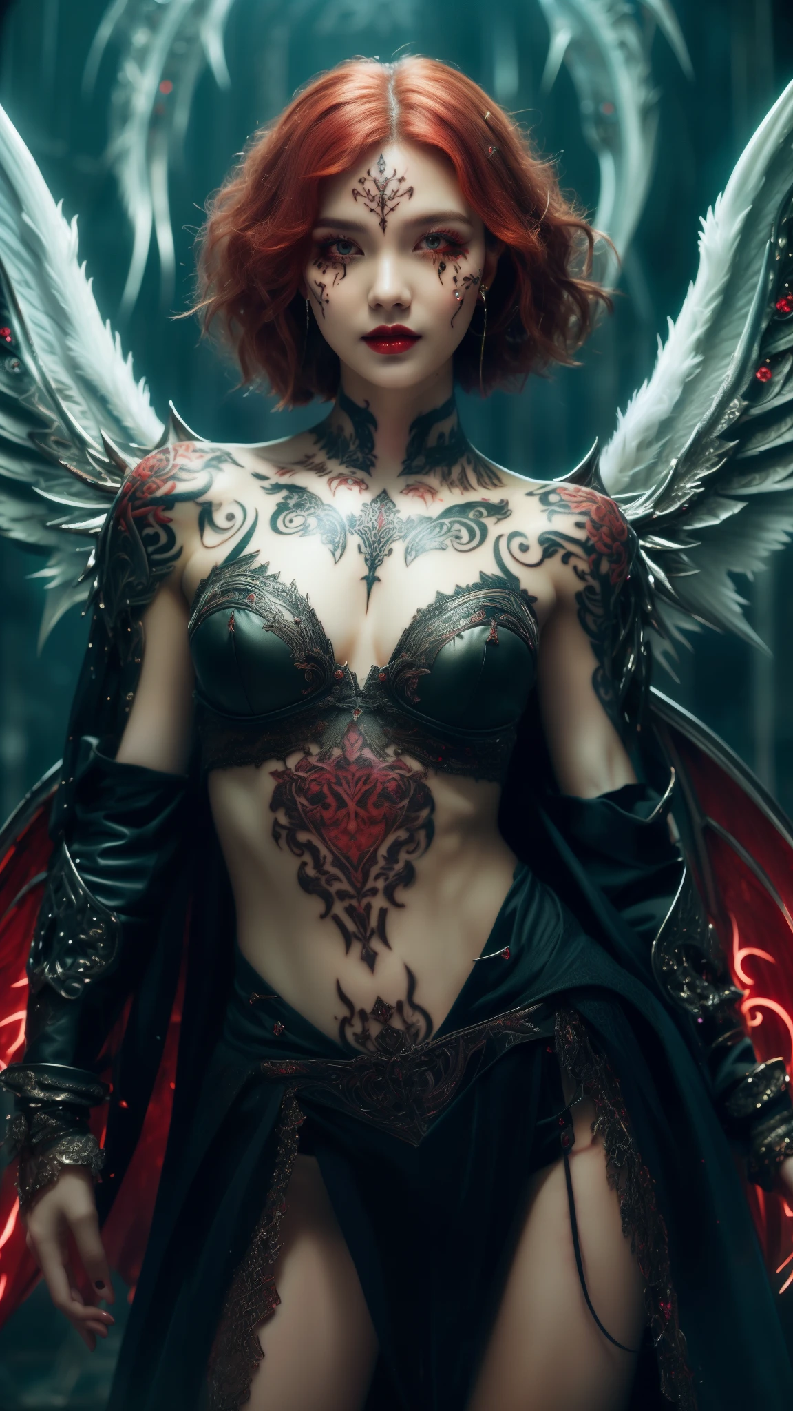 Cute Japanese woman, (), (Very cute face: 1.3), Red lips, White moist skin, Melancholic expression,
BREAK,
(Beautiful belly button), (White skin),
BREAK,
Female superior ancient strigoi vampire, Horror, Angel wings, Black wings, Red jewelry, (Big wings: 1.4), Satan, Hellfire, Full body, Devil, (Flame: 1.2), (Rhinestones),
BREAK,
(Short hair), (Bangs: 1.2), (Red hair: 1.3), (Wavy hair),
BREAK,
(Facial tattoo: 1.4), (Facial rhinestones: 1.1),
BREAK,
Masterpiece, Perfect lighting, Ultra high resolution, 8K, (Very detailed: 1.4), (From the front), Looking at the camera, (Full body),
BREAK,
(Neon lights: 1.2),