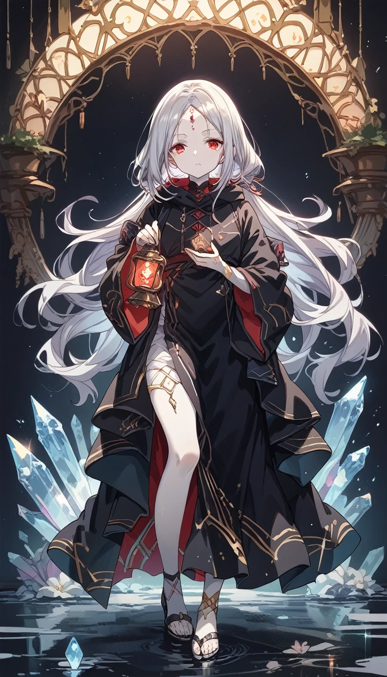 score_9, score_8_up, score_7_up, source_アニメ, full body, Crystal on forehead, Silver Hair, White skin, Red Eyes, Black Robe, Black hood, Lantern in hand,simple background