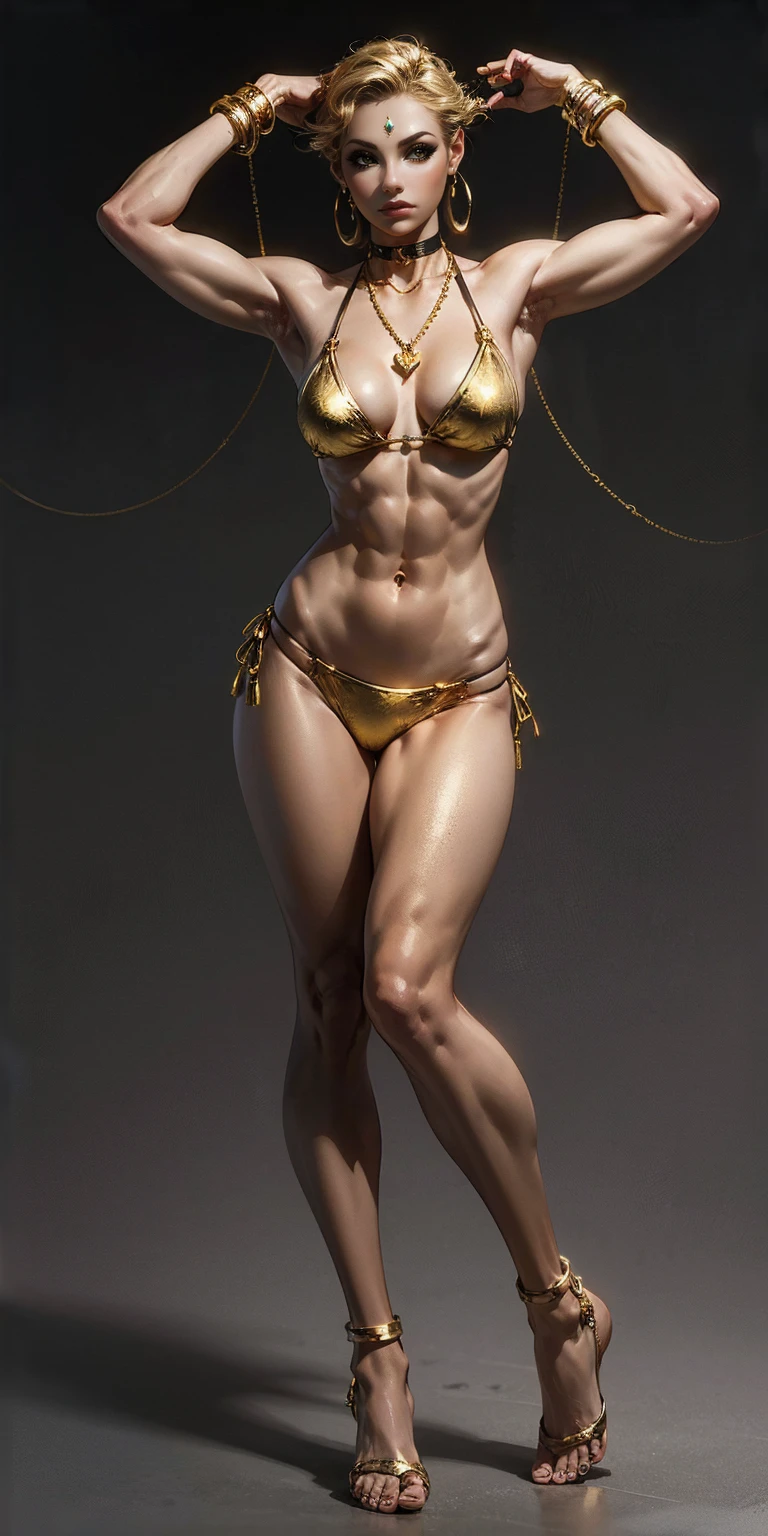 Background: Plain Grey Background
Body: Full body toe to head revealing abdominal muscles
Attire: Golden bikini, Golden handcuffs on wrists, Black leather choker with a golden heart pendant
Accessories: Golden large earrings, golden chain necklace