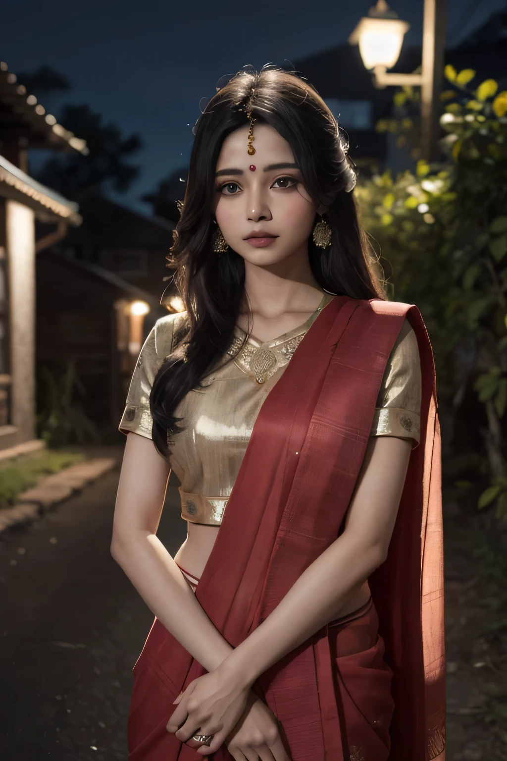 masterpiece, ultra detailed, hindi woman, india, wearing traditional hindi attire, wearing sari, long hair, windy, wearing, background is rural area, (night:1.2), detailed shadow, detailed face textures
