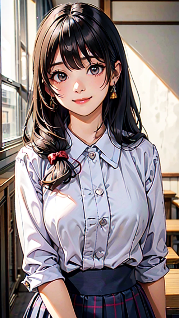 very cute and beautiful girl,(Very detailed美しい顔),(((A very cute face like a top Japanese idol)))、White blouse,ribbon,(Pleated check mini skirt),
Black Hair,Wooden classroom,
(Highest quality,masterpiece:1.0),Absurd,High resolution,Very detailed,Detailed Background,Composition from the front,Semi-long hair、(((looking at the camera)))、(((upper body shot)))、smile