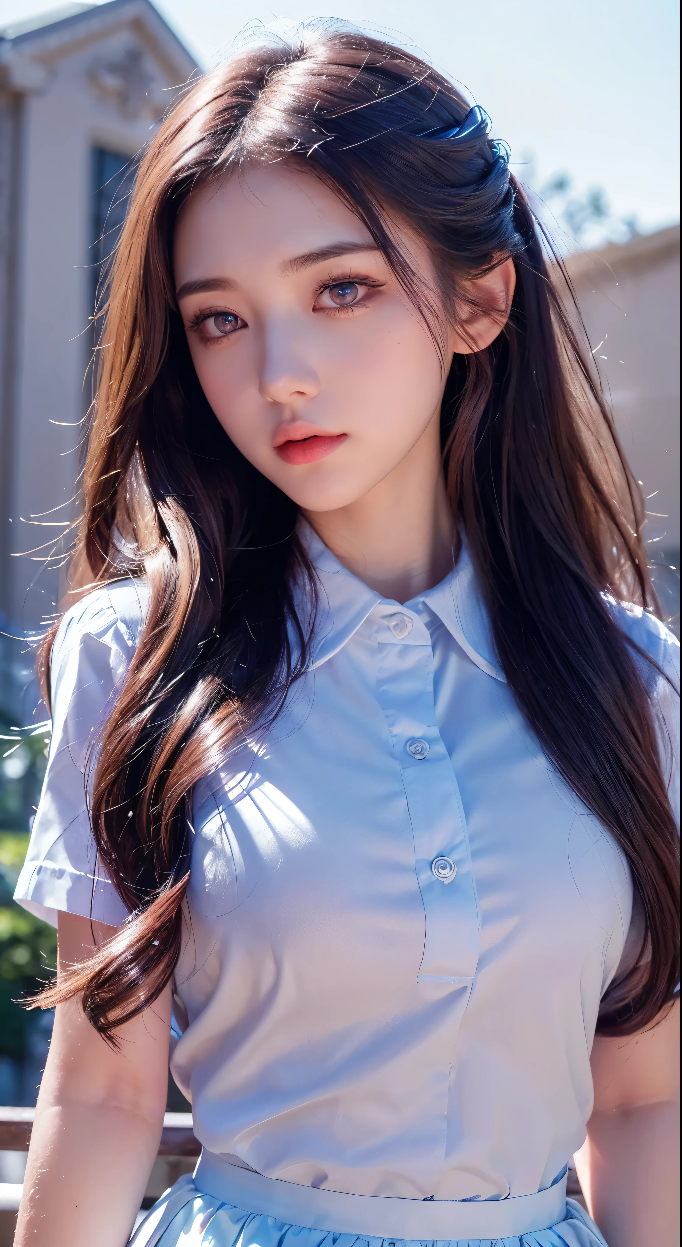 (detailed beautiful eyes and detailed face, masterpiece side light, masterpiece, best quality, detailed, high resolution illustration), (1 girl, beautiful girl, shiny skin, looking down, looking at viewer), ( Sky blue long hair, pink eyes, skirt, ribbon, button-down shirt) 45 degrees, top view,  sideways, (hand detail)