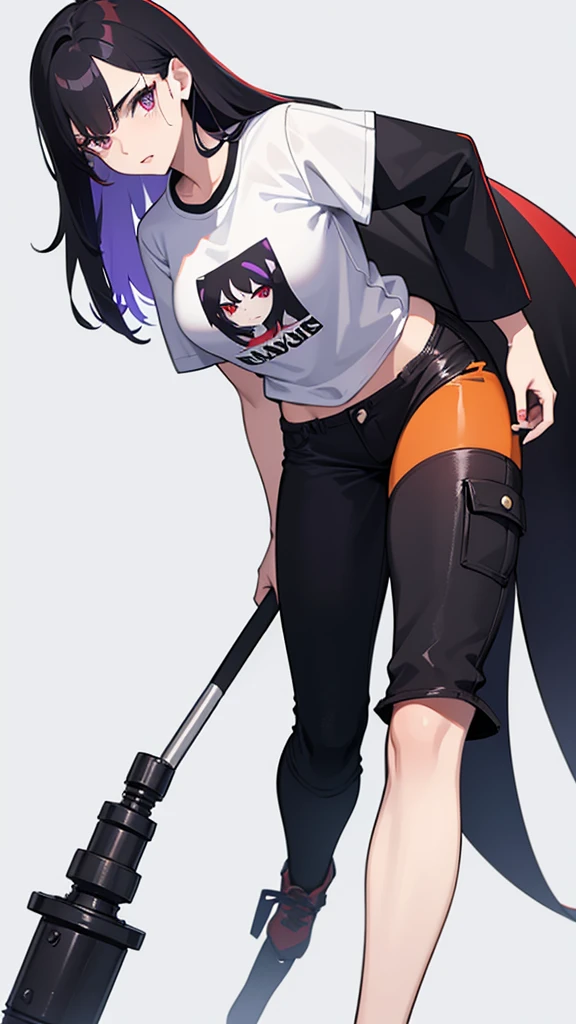 Young woman, 21 years old, full length, White background. Black hair with red tips. One eye is blue, Other purple. haughty expression on his face. Pants with hip pockets, light T-shirt