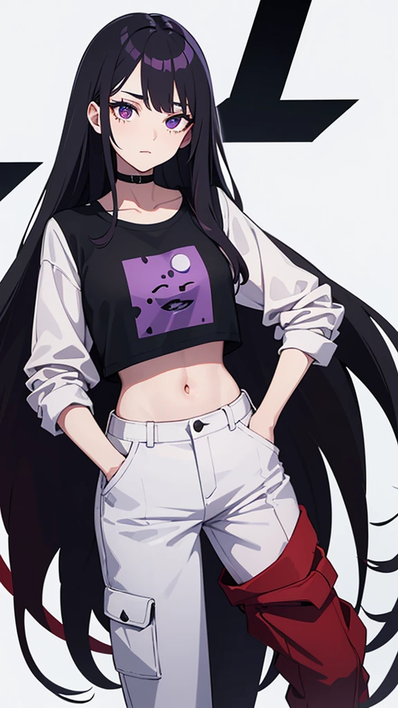 Young woman, 21 years old, full length, White background. Black hair with red tips. One eye is blue, Other purple. haughty expression on his face. Pants with hip pockets, light T-shirt