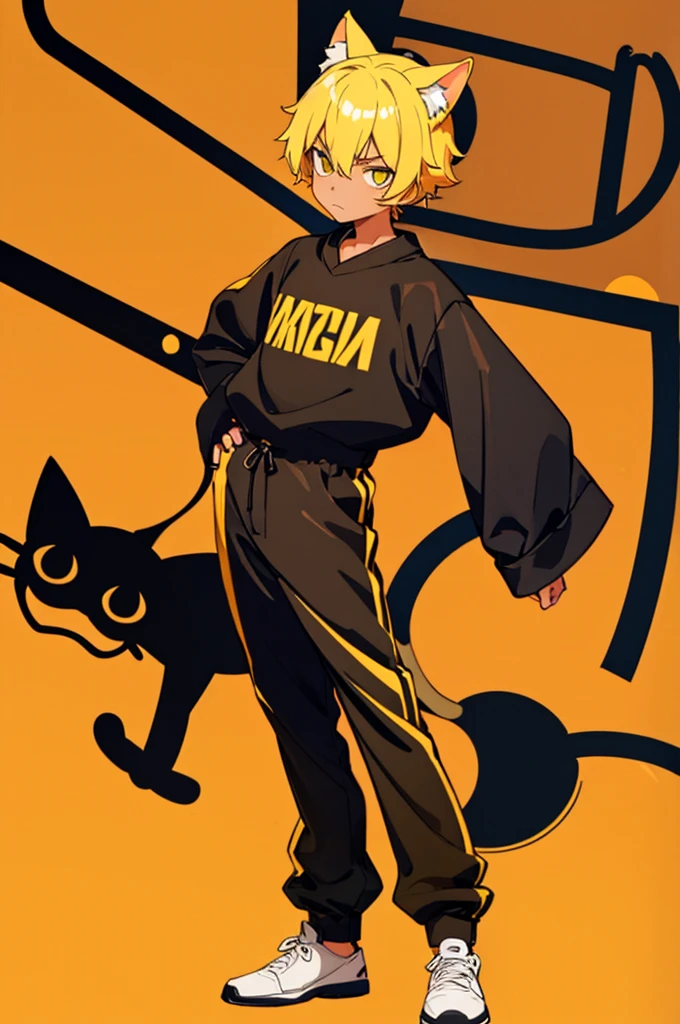 masterpiece, top-quality, 1boy, full body, unamused expression, looking at the camera, yellow hair, cat ears, cat tail, tan skin, medium length hair, black and yellow outfit, yellow background