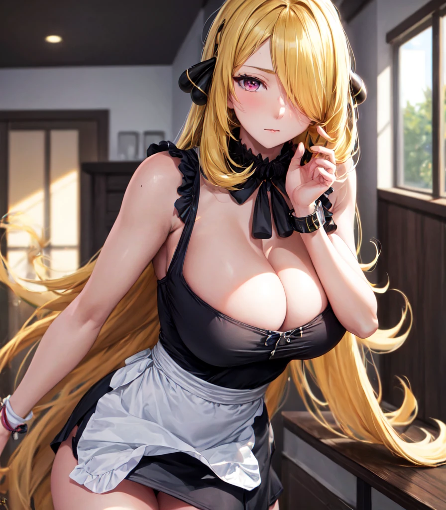 alone、Hair on one eye、Big Breasts、Please take off your skirt and show me your panties、bangs、Glowing pink eyes、1 girl、swirl eyes、Expanding pink eye control、@ @、Hollow Eyes、Hollow Gaze)、indoor、hypnotism、Not aware、swirl eyes、Expressionlesaid、Maidの頭飾り、Wrist cuff、Waist apron、Neck bell,Cynthia,Blonde,No text