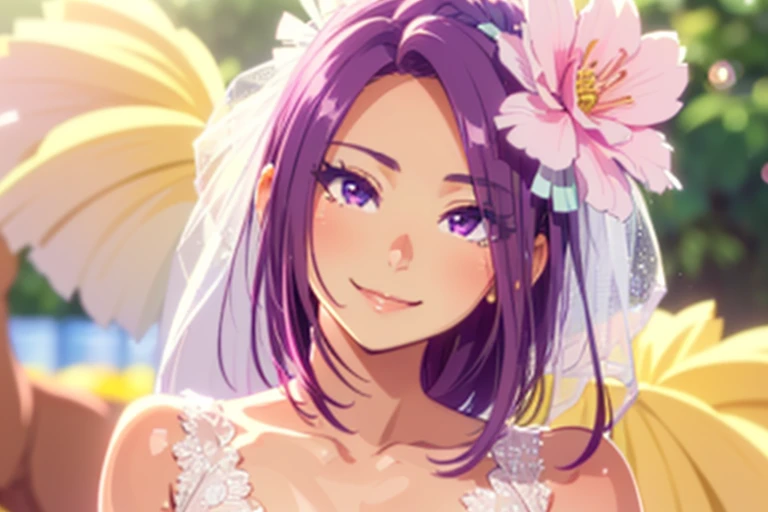 ((seira sodeshiro)) ((depth of field)) ((good-looking fit figure)) ((bright colours)) ((she is alone)) (extremely elegant lady) ((long rich hairstyle)) (((tanned skin-tone))) ((perfect lips)) ((extremely pretty visage)) ((closeup head-shoulder portrait)) ((best angle)) ((soft alluring smile)) (((satisfied bride))) ((sacred blossom theme))
