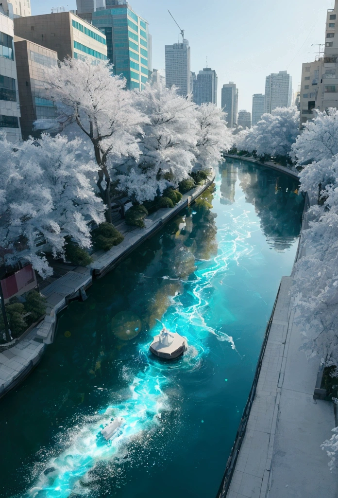 The river was as clear as crystal.,It flows out of the throne of God and the Lamb., It flowed in the middle of the city's boulevard。On both sides of the river were trees of life。miku hatsune