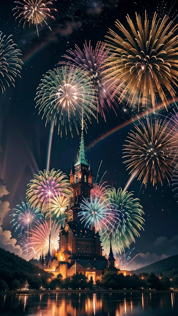 Scenery of the portable shrine、firework、firework大会、Rainbow colorsのfireworkが打ちあがっている瞬間、夜nullとともに、サイバーパンクなお神輿景色で壮大なfirework、future都市、Highest quality、masterpiece, (Diffuse reflection of light:1.2), When the fantastic rainbow turns into shadow, bathed in a mystical atmosphere. Cast magic spells. evoke a sense of wonder and awe. A fusion of natural grandeur and magic, Weaving dreams into reality. Behold, null, And the unknown, Fleeting、And an eternal moment, 16K, Ultra-high resolution.Realistic, Ultra-high resolution, to be born,future、Rainbow colorsに光り輝く、Rainbow colors、The world 30 years from now。