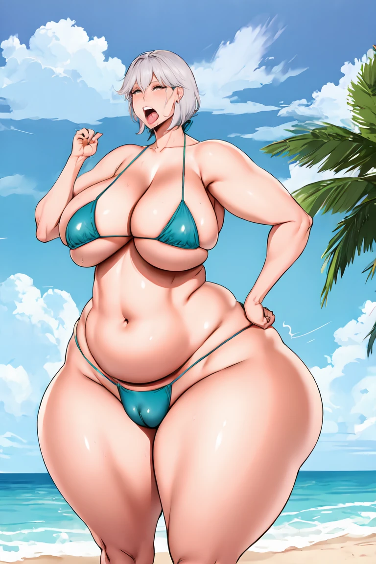 1girl, elderly,ssbbw gilf, grey hair, sexy figure, ssbbw,gilf, micro bikini, see through bikini, (shot from below), sagging breasts, underboobs, (skindentation:1.4), showing cleavage , massive ass, insanely inflated hips,very large bosum,largest haunches, ahegao face, beach background, back view