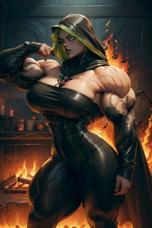 (Close view), green haired woman, long curvy hair, light brown skinned, evil smirk, (black lipstick), ((massive muscles)), (hyper muscle), ((ginormous bulky muscles)), ((glowing orange eyes)), (black leather turtleneck top), (black hooded cloak), ((black leather pants)), (in front of fire wall), (Hot and burning universe:1.3)
