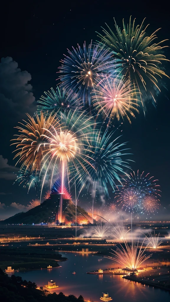 Scenery of the portable shrine、firework、firework大会、Rainbow colorsのfireworkが打ちあがっている瞬間、夜nullとともに、サイバーパンクなお神輿景色で壮大なfirework、future都市、Highest quality、masterpiece, (Diffuse reflection of light:1.2), When the fantastic rainbow turns into shadow, bathed in a mystical atmosphere. Cast magic spells. evoke a sense of wonder and awe. A fusion of natural grandeur and magic, Weaving dreams into reality. Behold, null, And the unknown, Fleeting、And an eternal moment, 16K, Ultra-high resolution.Realistic, Ultra-high resolution, to be born,future、Rainbow colorsに光り輝く、Rainbow colors、The world 30 years from now。