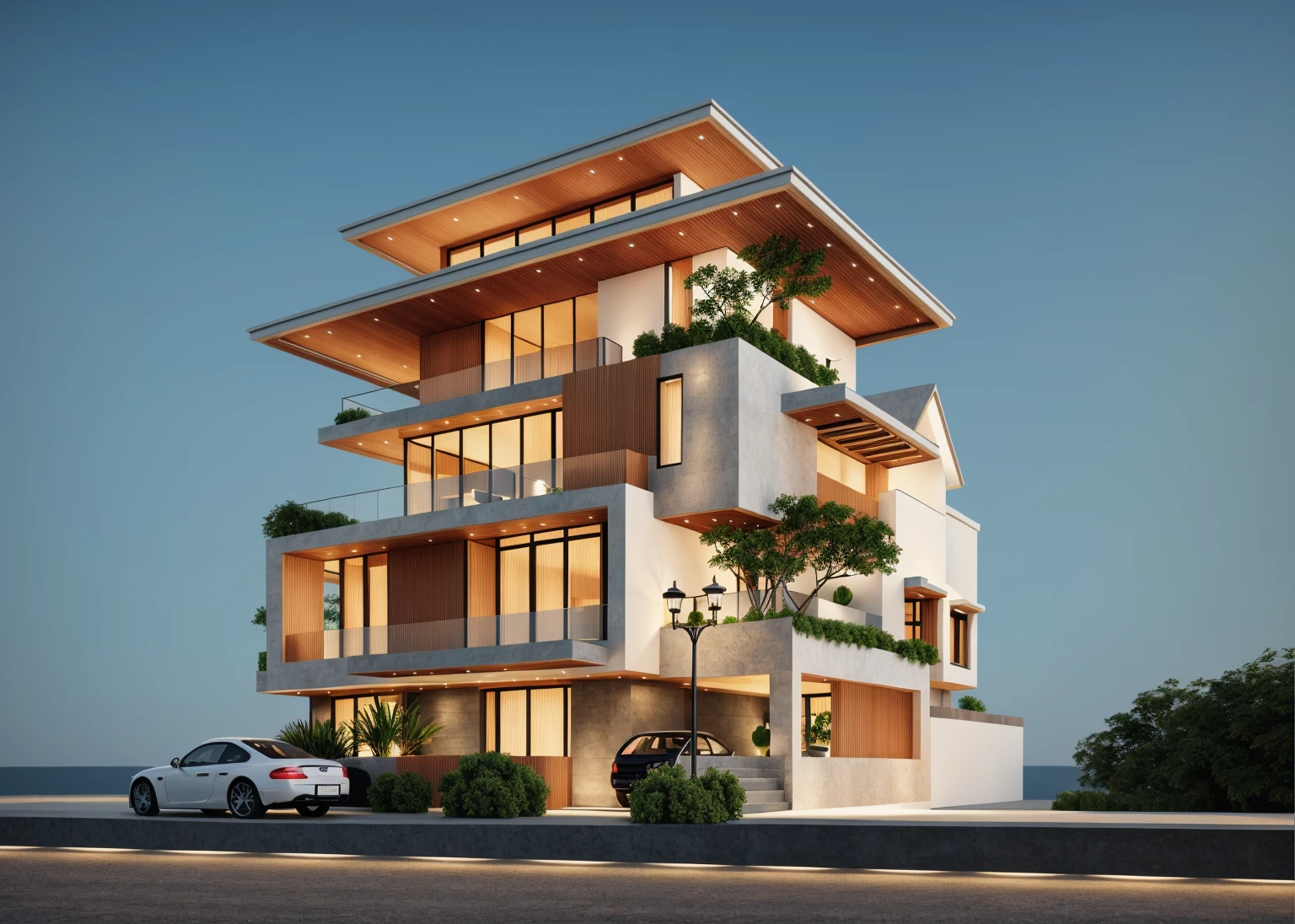 PLATFORM KTHOUSE, 1 morden VILLA, , main material by white wall and wood, 1large yard, 1 road runs in front of the house, (RAW photo, real, best quality, masterpiece:1.2), look morden minimalist, 1 road in front of the house, dynamic lighting:1.3, (hyper realistic, photo-realistic:1.2), high quality, (dark lighting:1.2), perfect lighting, archdaily, no human