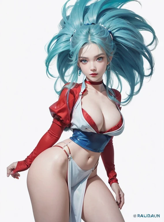 work of art, best qualityer, highest quallity, photorrealistic, Perfect Anatomia, face perfect, perfects eyes,
aqua hair, brabulladbgt, red hair band, red gloves, Red crop top,  blue colored eyes, overskirt, hoop earings, choker, 1 girl, plein-air, pose sexy,glove on hands