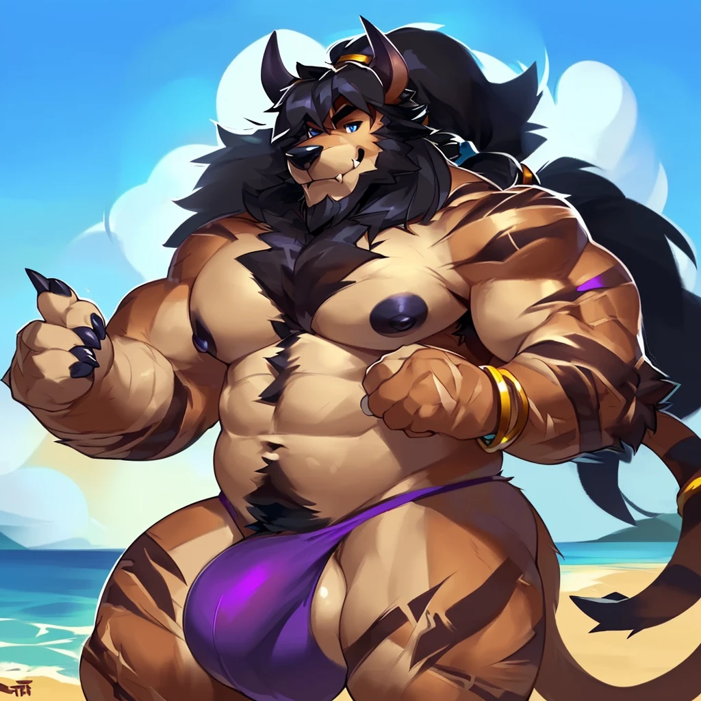 Solo, male (((behemoth, blue eyes, blue iris, black pupils, huge muscular, muscular, biceps, huge pecs, abs, black nipples, black horns, horns, black hair, facial hair, beard, long hair, brown body, brown hair, long snout, fangs, tusk, black horns, black nose, chest hair, mane, ponytail, thick hair, finger claws, clawed hands, leg scars, arm scars, arm tuff, jewelry, tail, tail tuft, purple thong, huge bulge))) standing, flexing, seductive, beach, daytime, giant, full body, perfect anatomy, by darkgem, by mystikfox61, by glitter trap boy