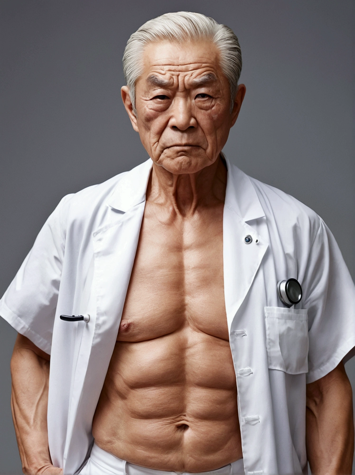 Whiteを着る、Do not expose skin、Realistic、Elderly men、Doctor、White、Realistic、One person、Muscular、Gatai good、Frown、Macho、whole body