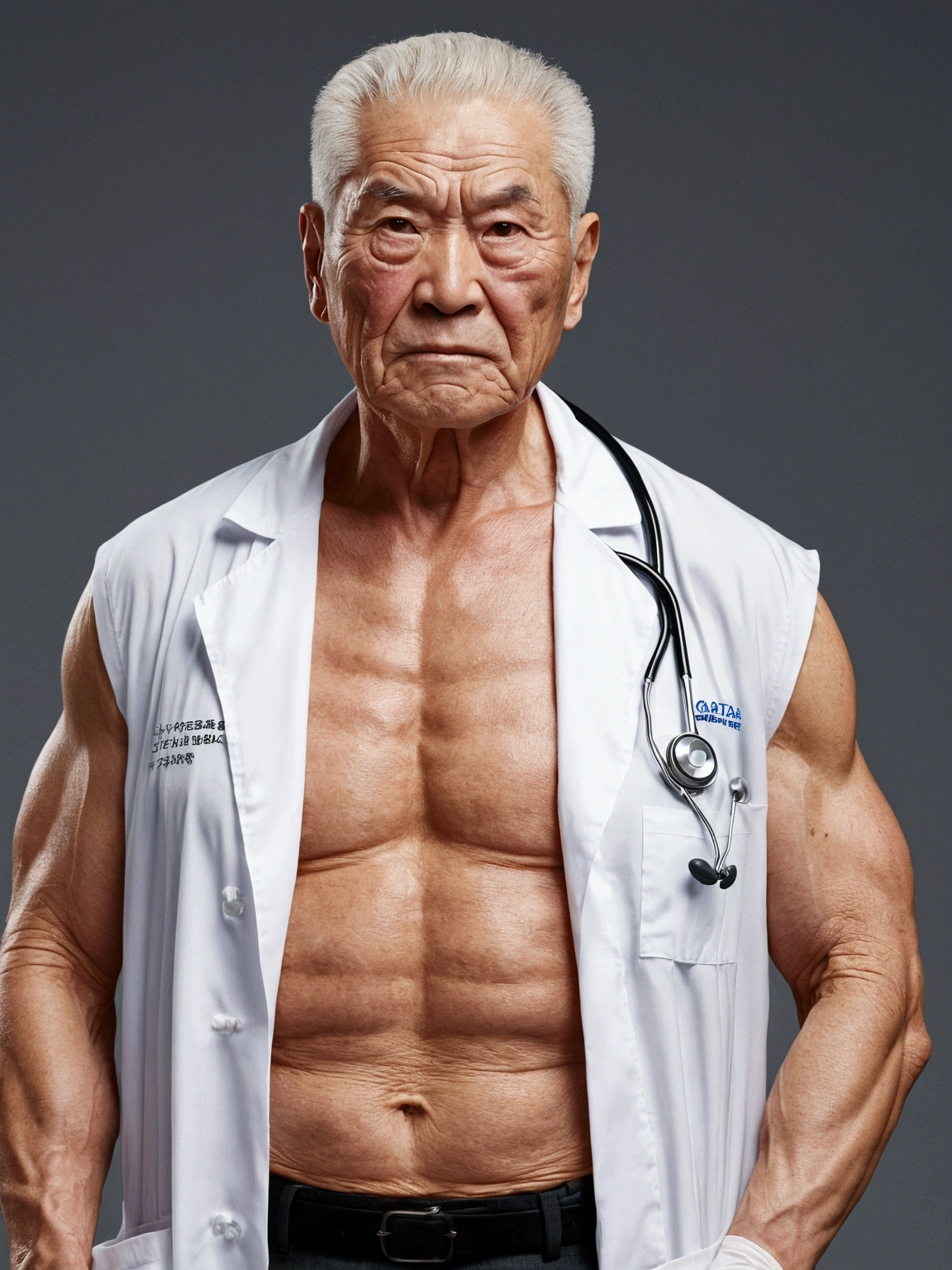 Whiteを着る、Do not expose skin、Realistic、Elderly men、Doctor、White、Realistic、One person、Muscular、Gatai good、Frown、Macho、whole body