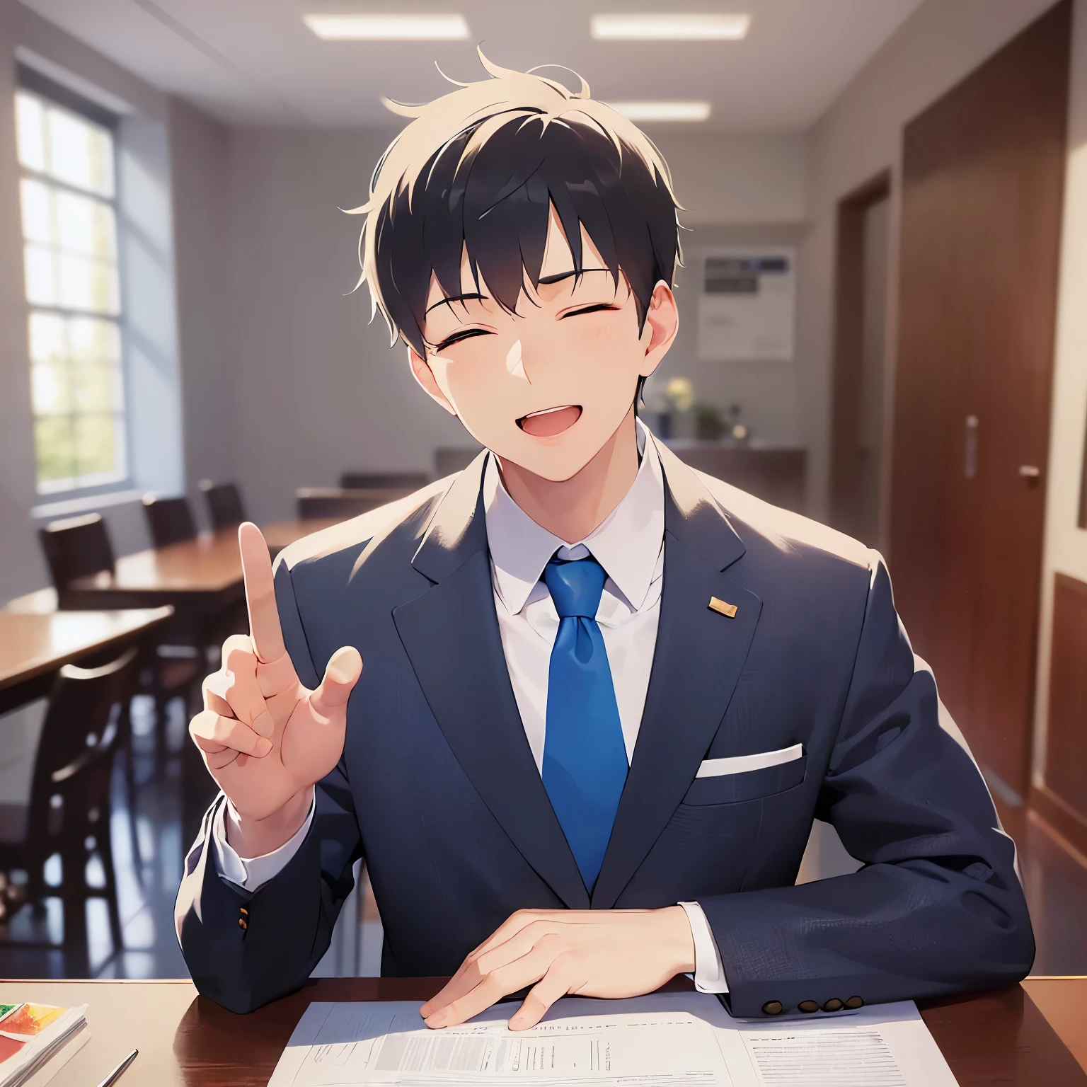 side angle, (looking away:1.5), upper body、thumbs up、
masterpiece、Highest quality、
(25-year-old male:1.5) and(Black short hair) and (blue eyes),
(suit:1.5) and (Blue tie)(suit:1.5) and (Blue tie)、
Laughing with eyes closed, The background is the conference room、(Alone:1.5)、Upper body is shown