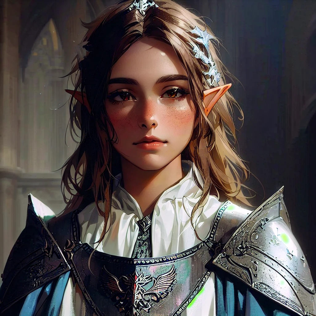 A young half-elf with fair skin and brown hair, long and with parted bangs, wearing clerical clothing over armor emblazoned with a silver dragon