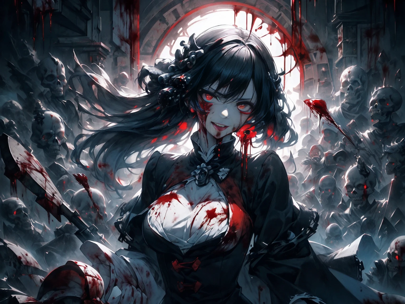(Thriller Theme,Bloody and violent themes:1.3),(Dirty mollusk tentacles,radicalism:1.4), Good details, (Glowing background), Highest quality, Wide-angle Super Detail, masterpiece, 8k, Natural light, Soft lighting, sunlight, High resolution (High Dynamic Range), Maximum clarity and sharpness, Multilayer Texture, Looking at the audience,Close to the audience,night,(8k, RAW Photos, Highest quality, masterpiece:1.2),(Realistic, photo-Realistic),Photo Background,Face-only photo,Draw only the face,Look up,Face shot,Scythe Face,Detailed portrait, Delicate facial features, Sharp Eye, Sharp Fangs, Pale skin, Thick chain, Dark Background, Dramatic Shadows, Gothic style, Gloomy atmosphere, Mouth very wide open,,(Blood splatter:1.6), Mouth open, Very wide lips,Bare your teeth,Sharp teeth like a beast, very wide mouth, Vermilion cheeks, ,(Blood splatter:1.6),laugh at, Laughter, Crazy Smile、Bloodstained、bleeding from the head,,、Blood splatter、,(Blood splatter:1.6),Crossbones, skull,Dirty, (Faith of the Dead,A totally malicious cult,Human sacrifice ritual,Ominous black and bloody fog,Creepy crazy smile:1.4),(severe bleeding, self-injurious behavior:1.4) 1 girl,Upper Body,Perfectly detailed eyes and face,Frowning,Red eyes,Gray Hair,skullと骨をテーマにしたコスチューム,Black gothic dress with beautiful details,Tears of Blood, (skullと骨だけで建てられたカルト寺院,,(Blood splatter:1.6),Skeleton Beam,Altar of Bone:1.4), (Glowing Eyes,Disheveled long hair,:1.5), Lens flare,Light leakage,