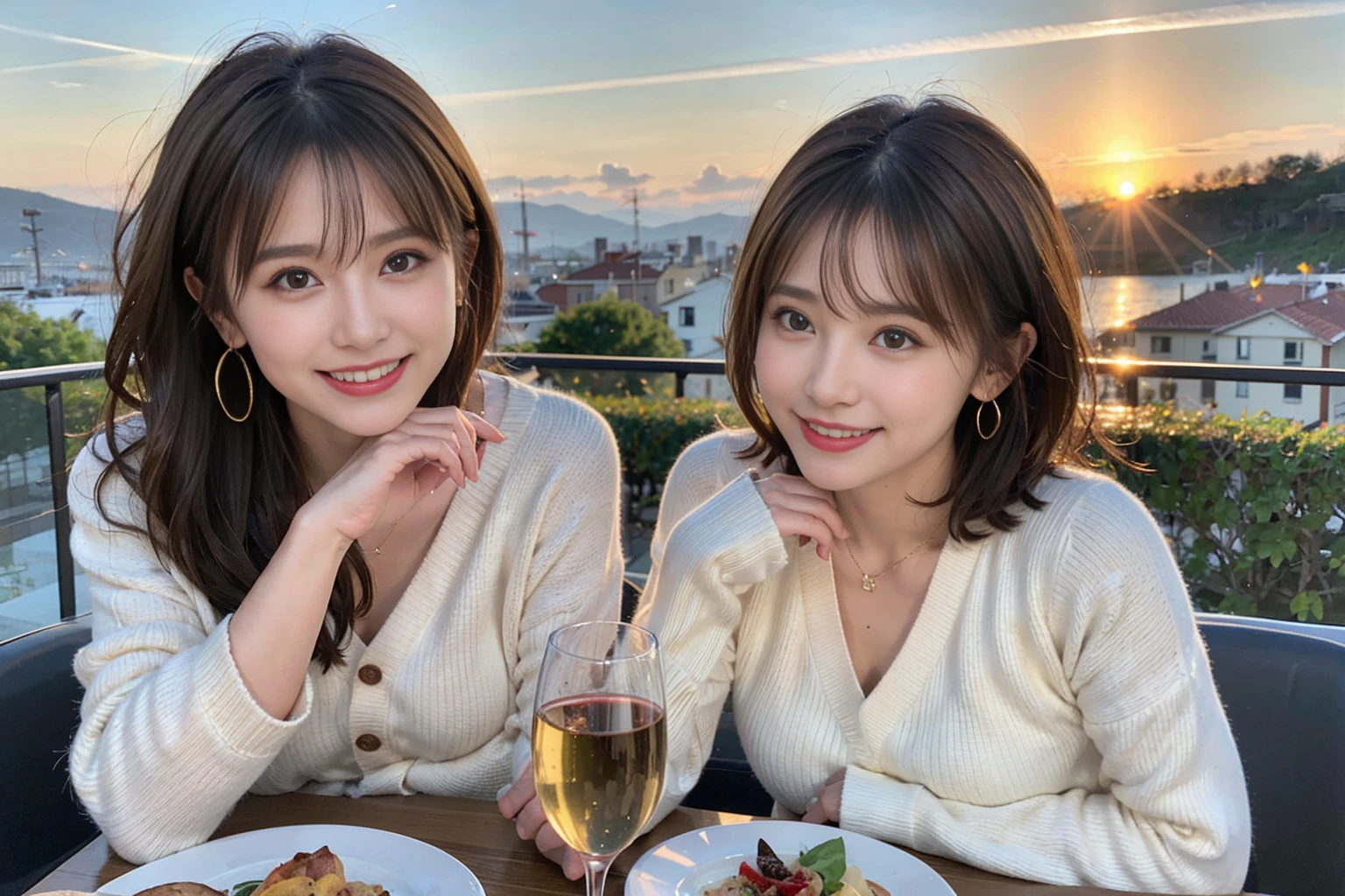 （Realistic:1.1）,(masterpiece,Highest quality)，8k,(40 years old), 42 years old, slimカップル、Model Couple、actress/actor、Tight waist,Upper Body,full-course dinner、wine 、Amazing view of the sunset sky and clouds、Perfect Anatomy, Brown Hair, short hair,Random Hairstyles,((Highly detailed face and eyes:1.2))(cute顔:1.4)，美しいactressの顔，Perfect golden ratio face，Long sleeve shirt、dress,(smile:1.2)、Shortcuts、cute、(Realistic, Intricate details:1.2), A bright smile、short hair,Bright Face、赤wine 、Appetizers、Italian food、wine bottle、Champagne、スパークリングwine、(slimな顔), (The body is slim), (Brown Hair), (Shortcuts),  Upper Body, 白wine, slim, wineグラス, 