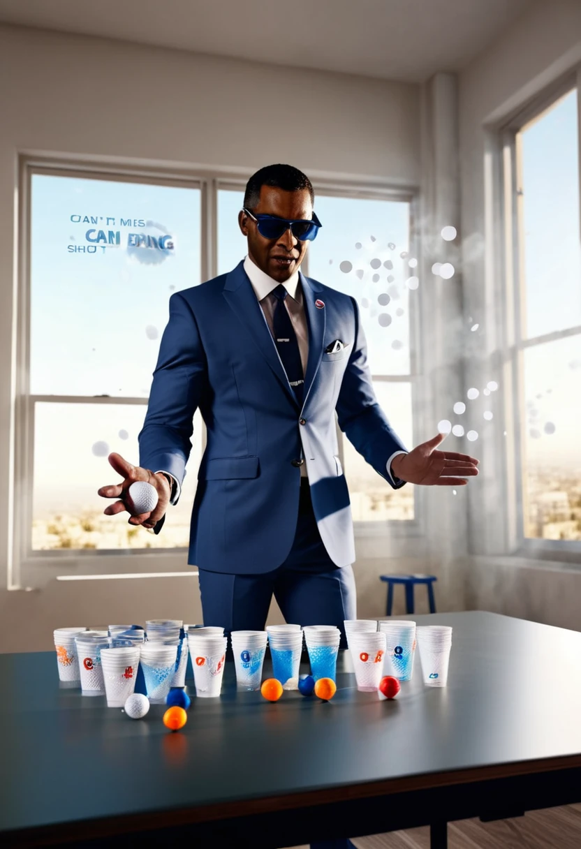 black man throwing a golf ball into a plastic cup, plastic cups on the table, classic game of ping pong in a room with his friends in background cheering him, hologram messages floating around him containing words " can't miss a shot no ping pong". The Black man wearing a suit and dark shades in his luxurious office with sunrise piercing through the window. 32k, ultra HD, unreal engine rendered, octane 3d rendering, hyper-realistic image, highly detailed images.