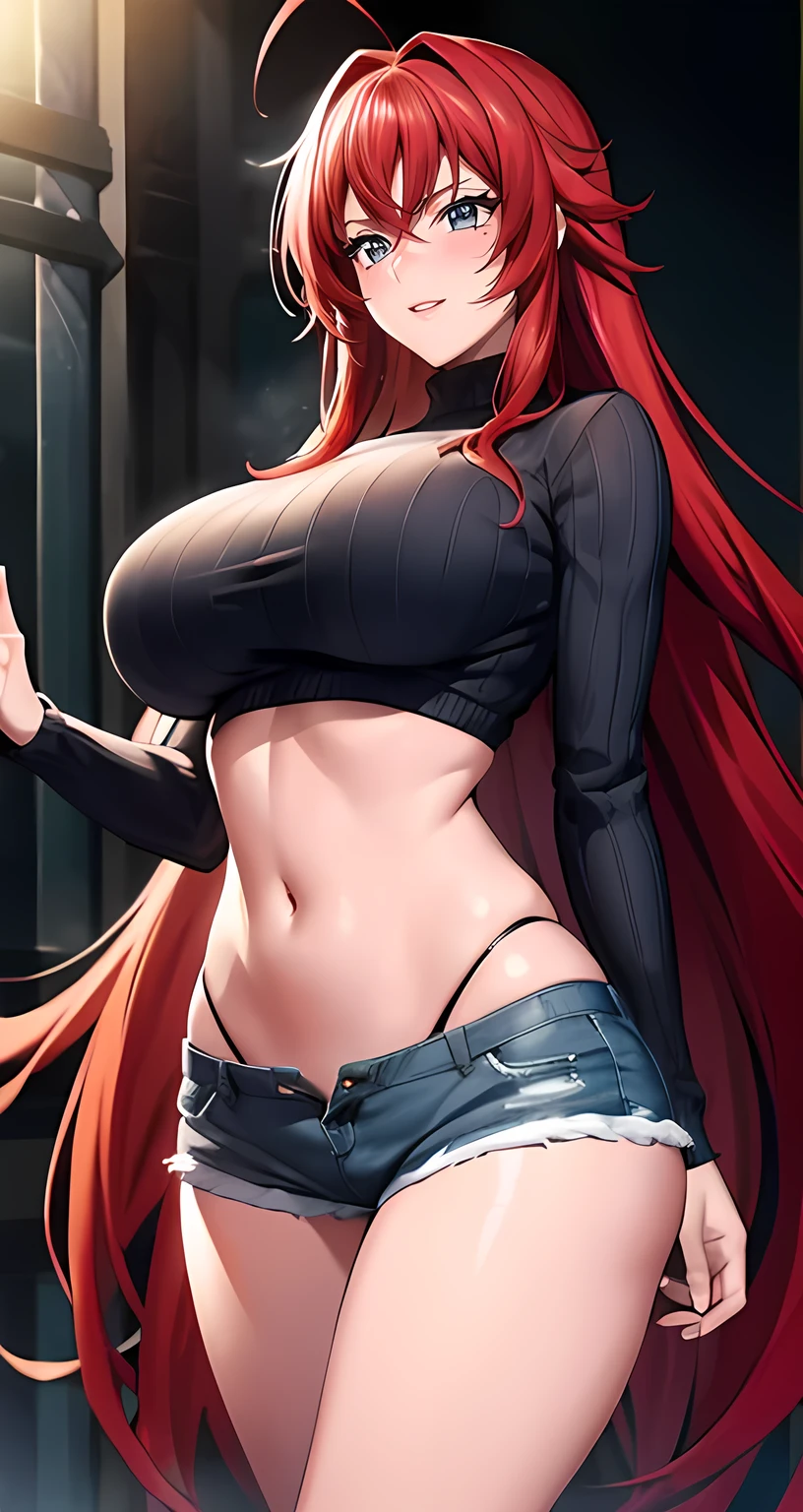 front view detailed body, long belly , Slender body, tight body , thicc, large breast , long thighs, masterpiece, long hair, very long hair, bangs, red hair, green eyes, 1girl, solo, rias gremory, looking at viewer, sweater , loose sweater, shorts sweater, navel, denim, short denim, hot pants, city background, cowboy shot, front shot ,20yo,Young female,Beautiful Finger,Beautiful long legs,Beautiful body,Beautiful Nose,Beautiful character design, perfect eyes, perfect face,expressive eyes, looking at viewer, NSFW,(full_body),(Focus on her face), official art,extremely detailed CG unity 8k wallpaper, perfect lighting,Colorful, Bright_Front_face_Lighting,shiny skin, (masterpiece:1.0),(best_quality:1.0), ultra high res,4K,ultra-detailed, photography, 8K, HDR, highres, absurdres:1.2, Kodak portra 400, film grain, blurry background, bokeh:1.2, lens flare, (vibrant_color:1.2) (Beautiful,large_Breasts:1.4), (beautiful_face:1.5),(narrow_waist),