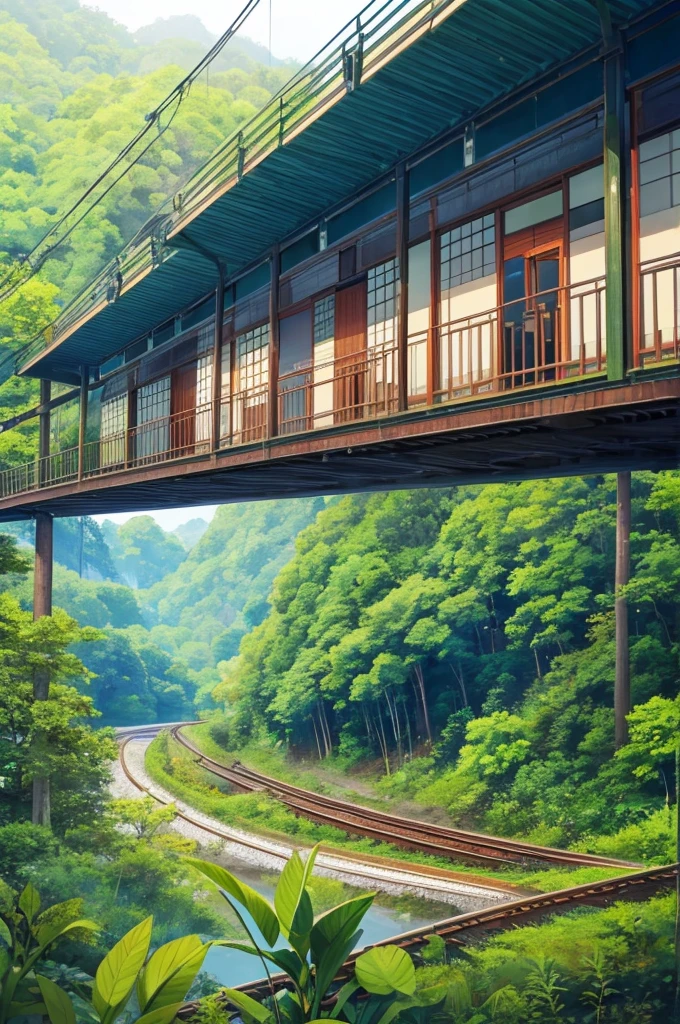 there is a train that is going down the tracks in the woods, trains in the background, Japanese countryside旅行, train, Japanese countryside, Beasts, on a jungle forest train track, in karuizawa, Detailed Landscape — Width 672, I saw your profile from afar, trains
