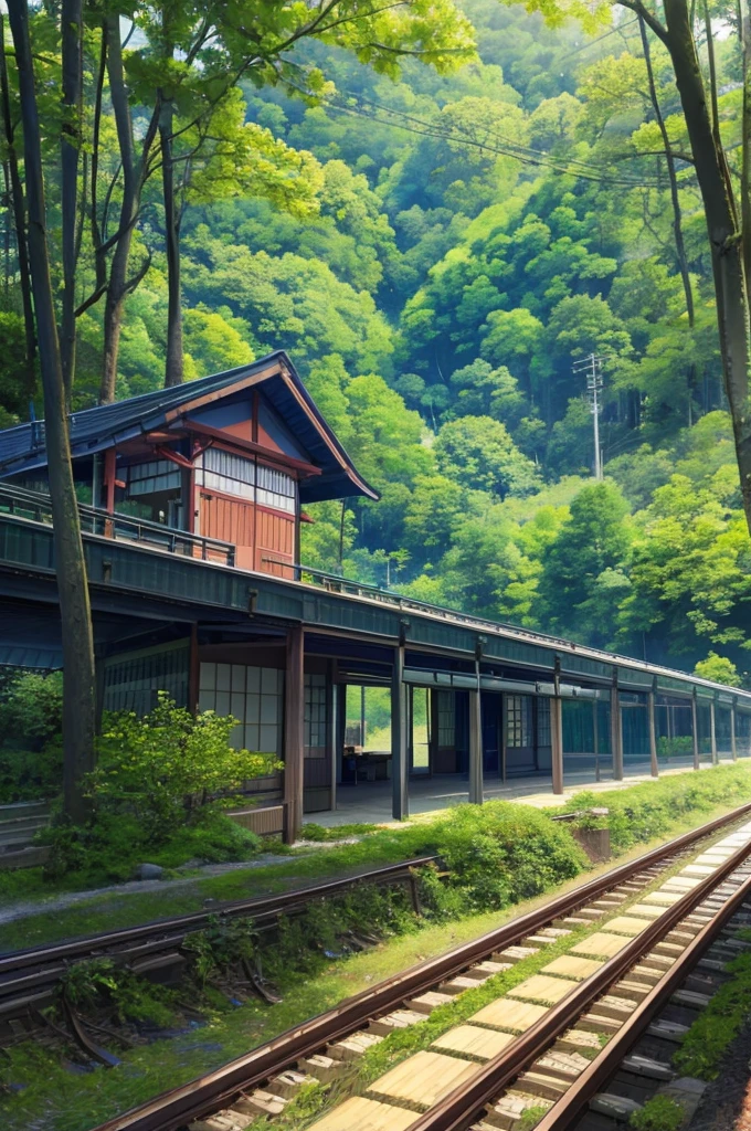 there is a train that is going down the tracks in the woods, trains in the background, Japanese countryside旅行, train, Japanese countryside, Beasts, on a jungle forest train track, in karuizawa, Detailed Landscape — Width 672, I saw your profile from afar, trains